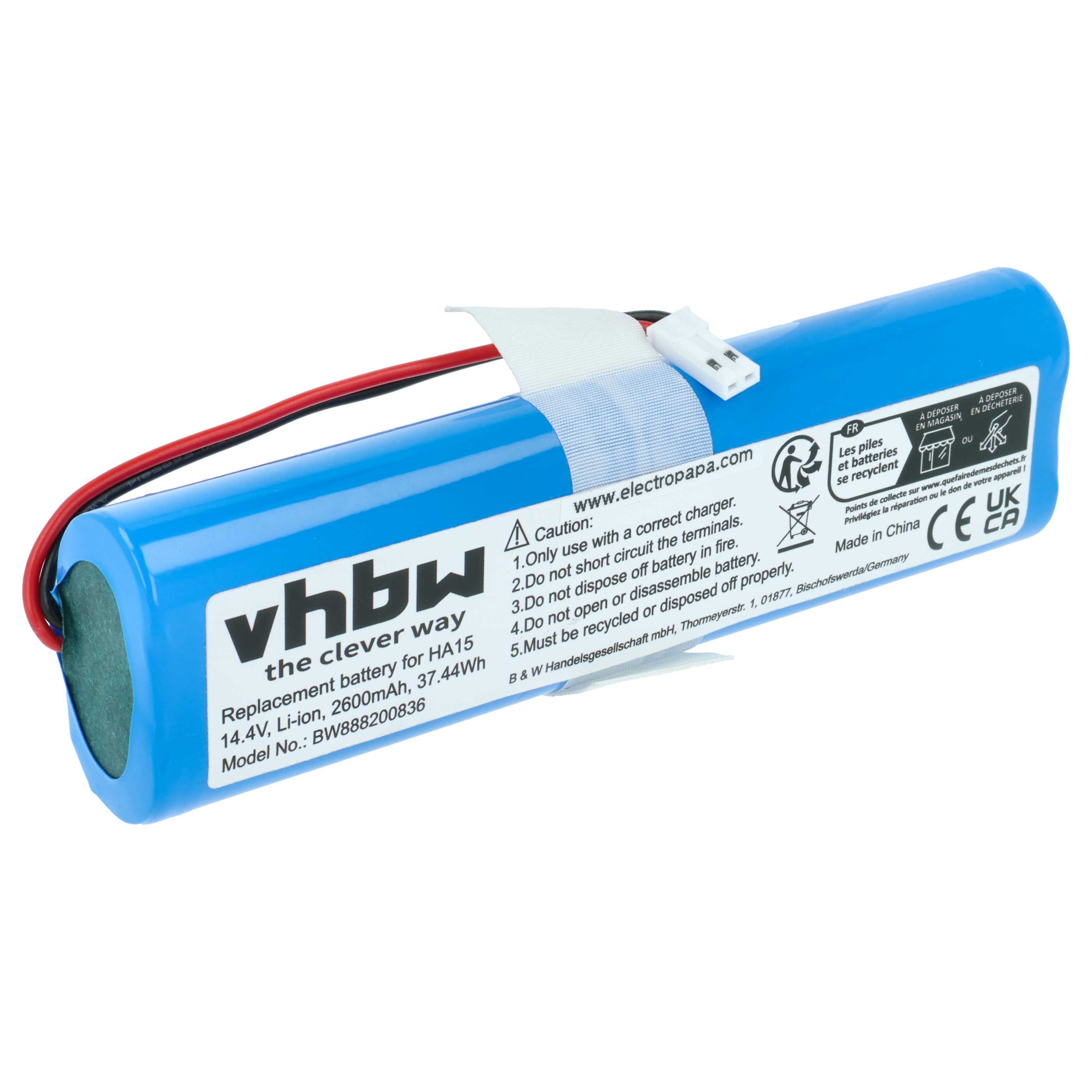 Ein blauer vhbw-Akku mit Text und Warnhinweisen. Es hat rote und schwarze Drähte und einen weißen Stecker.