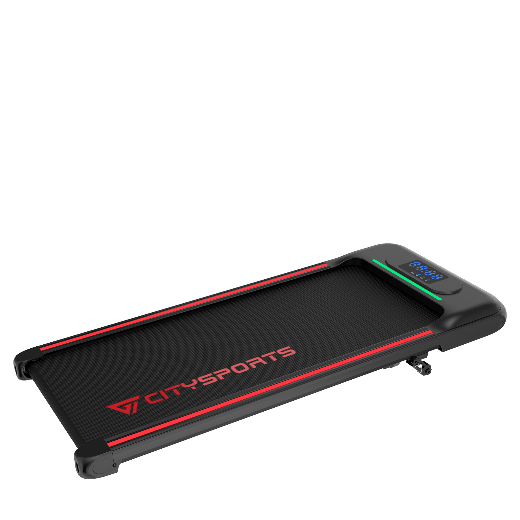 Czarno-czerwona bieżnia Citysports na białym tle. Wyświetla czas i prędkość.