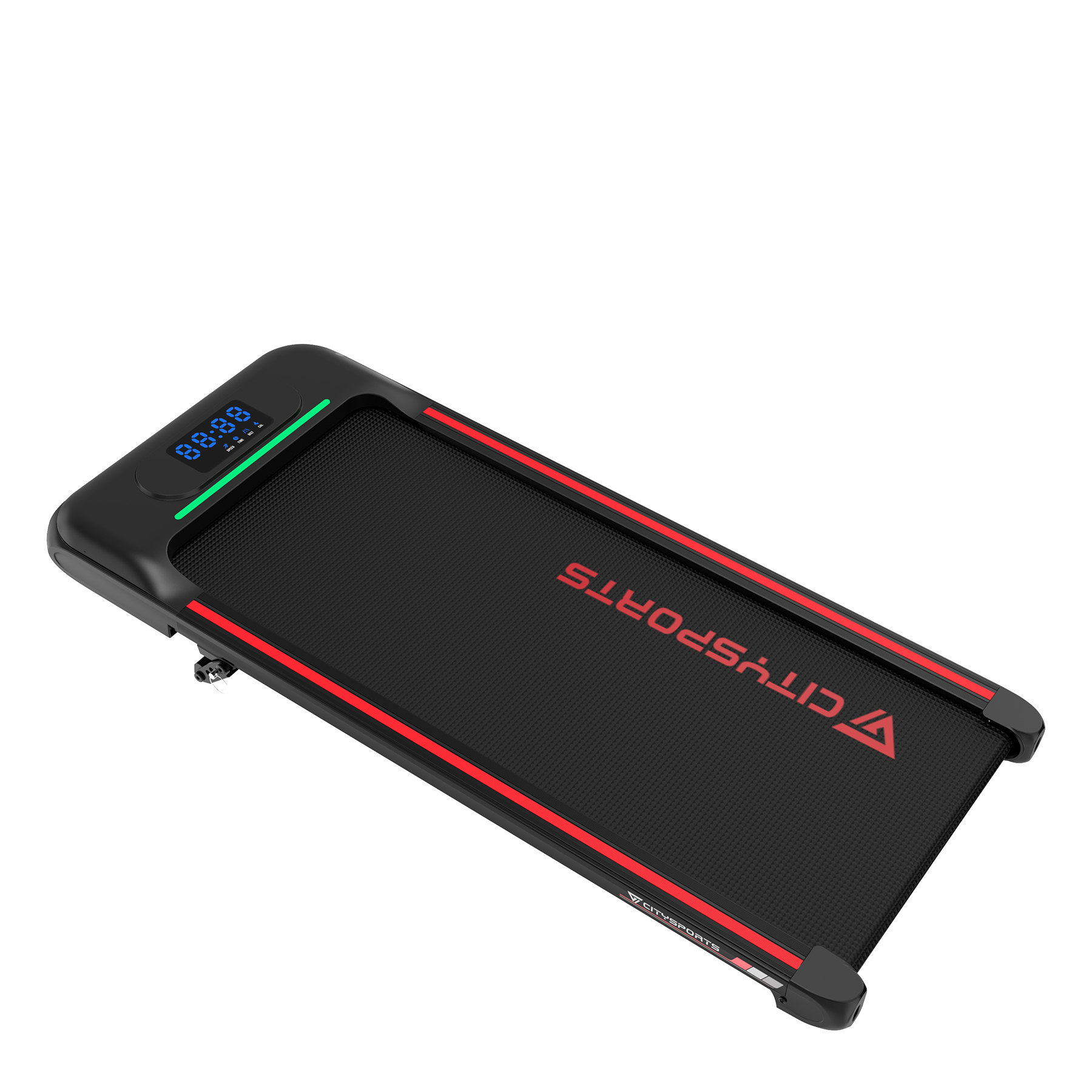 Czarna bieżnia CITYSPORTS z czerwoną obwódką. Wyświetlacz pokazuje cyfry. Tło jest białe.