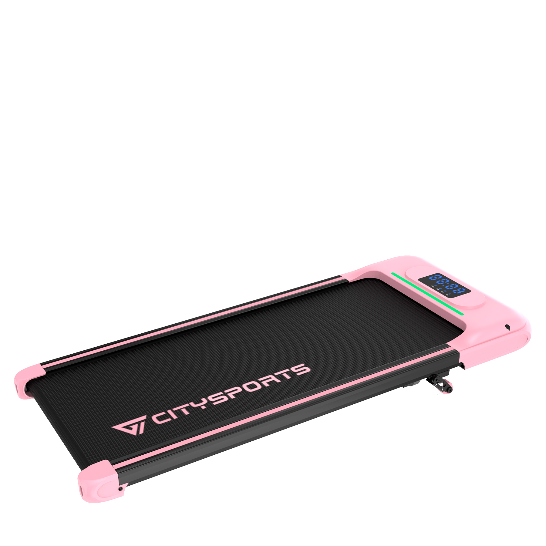 Różowa bieżnia Citysports na białym tle. Czarna powierzchnia biegowa, wyświetlacz cyfrowy. Logo widoczne.