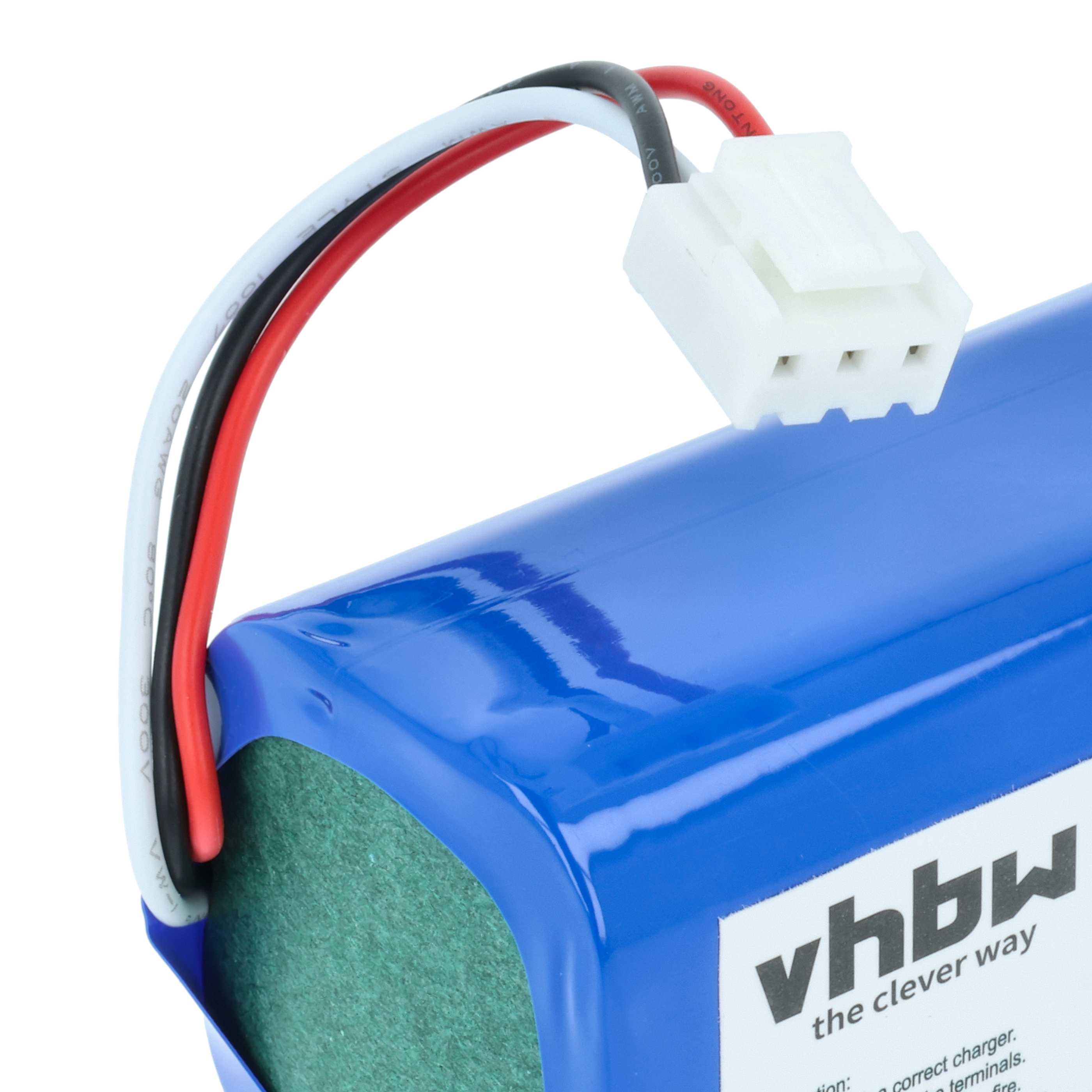 Eine blaue Batterie mit einem weißen Stecker und drei farbigen Drähten wird gezeigt. Die Batterie hat ein Etikett.
