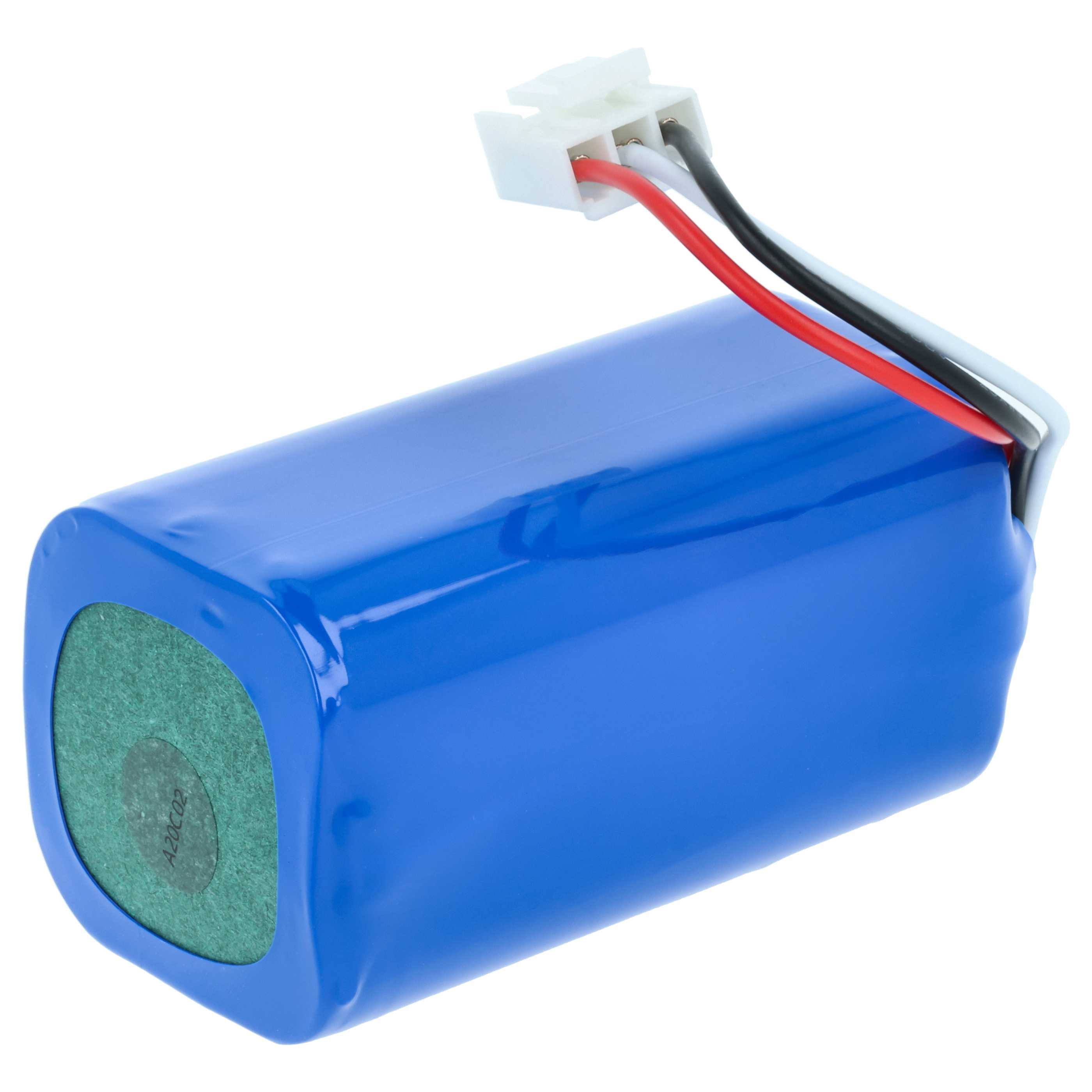Eine blaue Batteriezelle mit einem weißen Stecker und drei Drähten: rot, weiß und schwarz. Das Ende hat eine grüne Oberfläche.