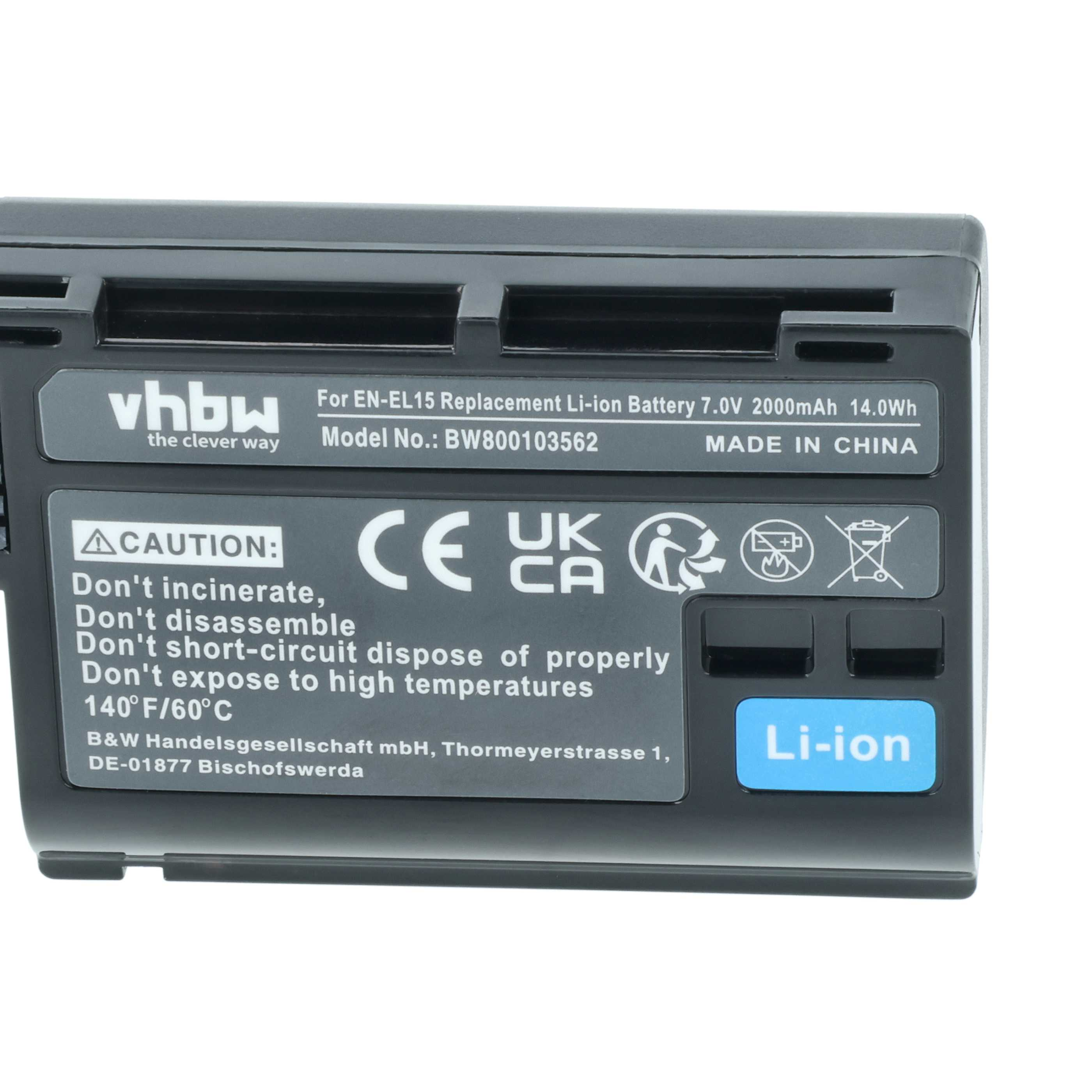 Ein schwarzer Li-Ionen-Akku mit weißem Text. Etiketten enthalten: 'vhbw', 'Li-ion' und Warnhinweise. Hergestellt in China.
