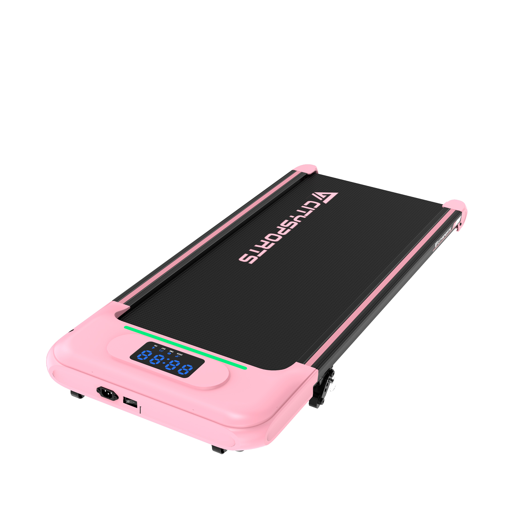 Różowo-czarna bieżnia z wyświetlaczem cyfrowym. Widoczne logo Citysports. Na białym tle.