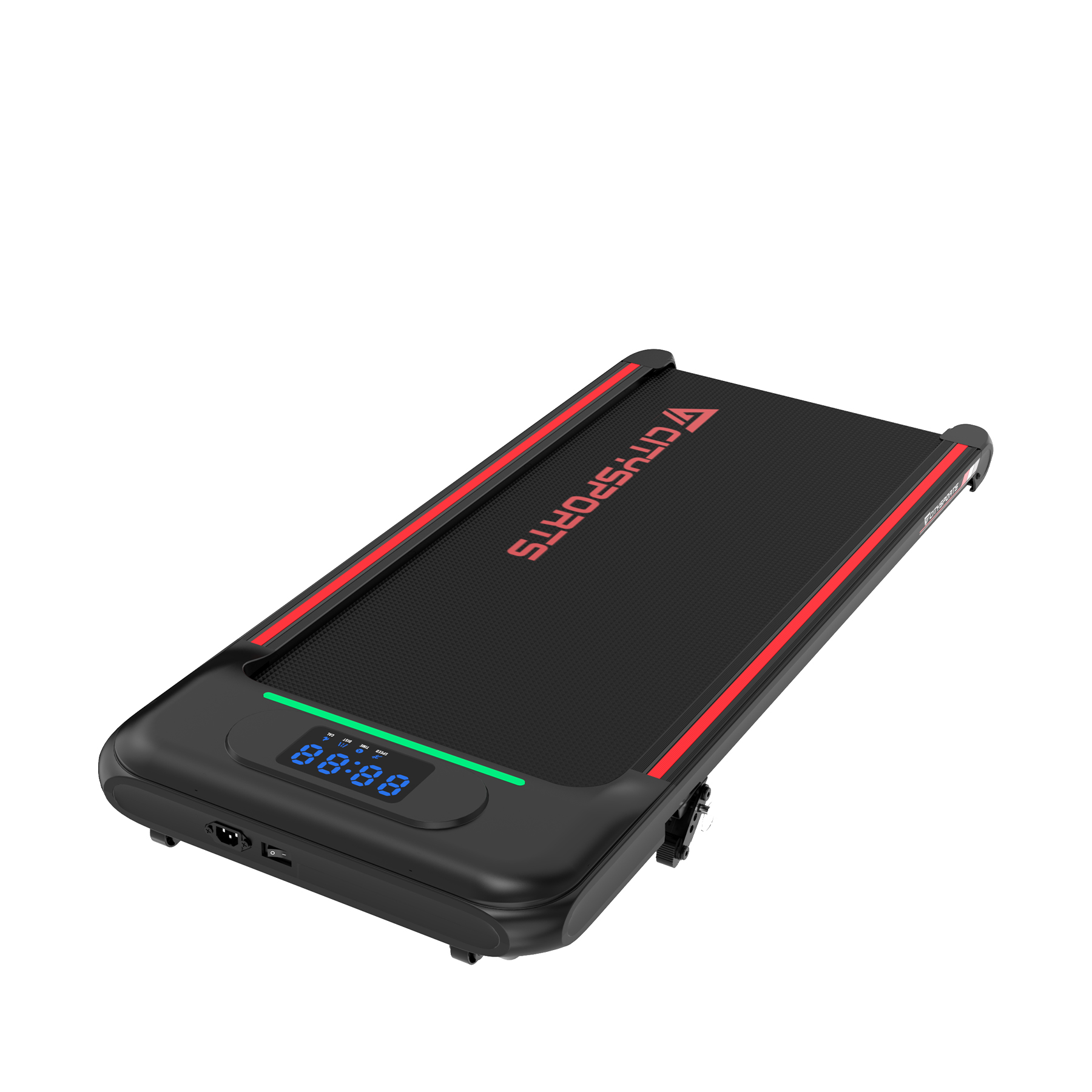 Czarna bieżnia CITYSPORTS z cyfrowym wyświetlaczem. Czerwone i zielone akcenty. Na białym tle.