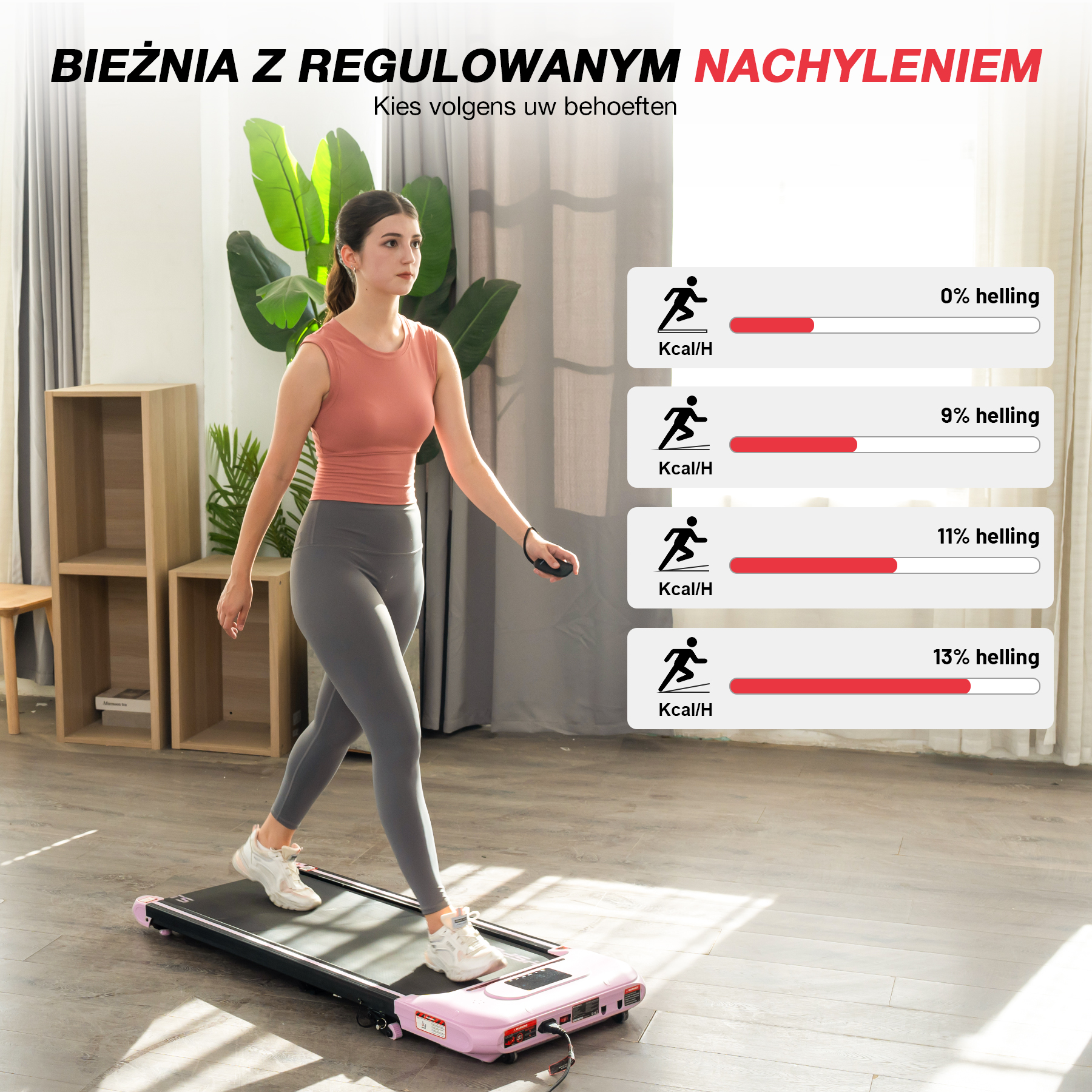 Kobieta chodzi na różowej bieżni z regulowanym nachyleniem. Obraz pokazuje procenty nachylenia i Kcal/H.