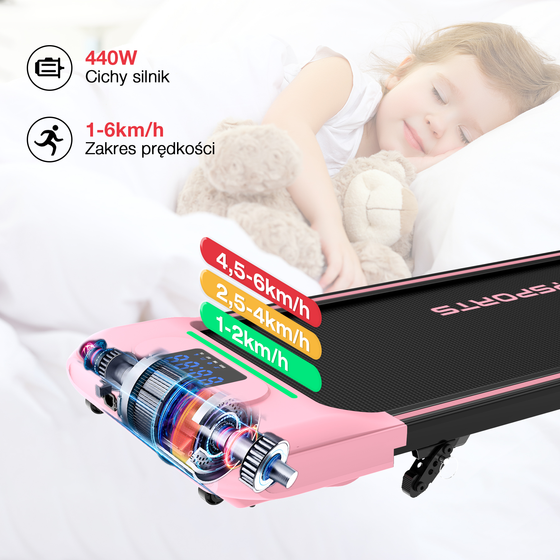 Dziecko śpi obok bieżni. Bieżnia jest różowa z czarną powierzchnią do biegania. Poziomy prędkości są wskazane w kolorach zielonym, żółtym i czerwonym.