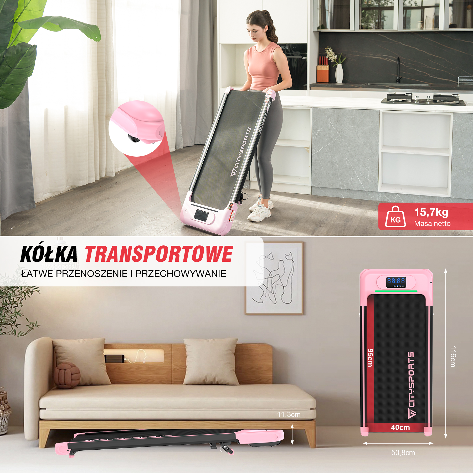 Kobieta trzyma różowo-czarną bieżnię. Wyświetlacz pokazuje liczby. Sofa i kuchnia w tle. Tekst brzmi „KÓŁKA TRANSPORTOWE”.