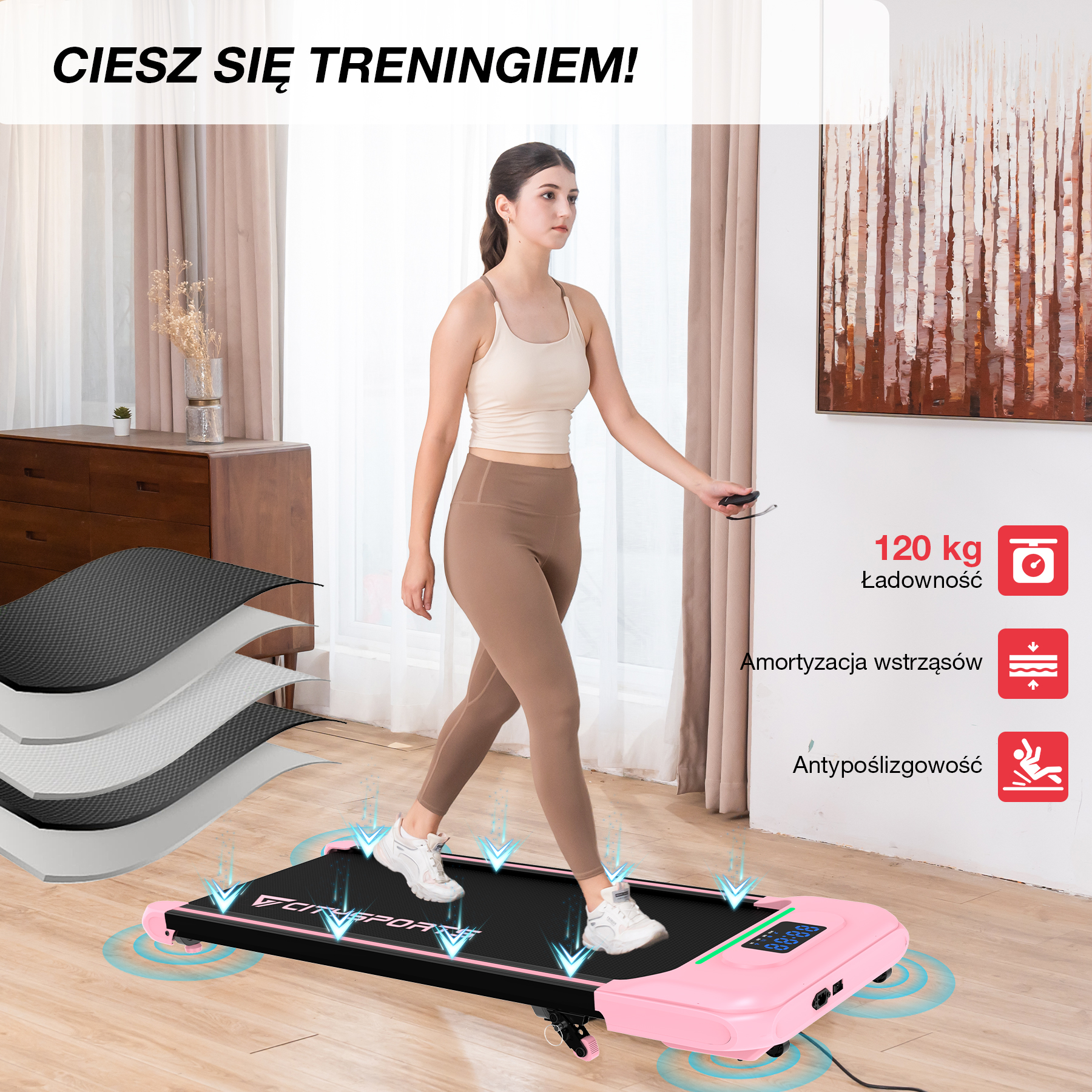 Kobieta spaceruje po różowej bieżni w pomieszczeniu. Bieżnia ma czarną powierzchnię i wyświetlacz cyfrowy. Obecny jest tekst w języku polskim.