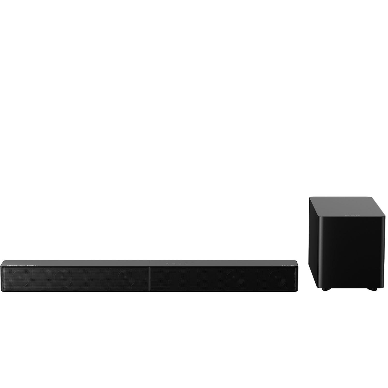 Czarny soundbar i zestaw subwoofera. Soundbar jest długi, z głośnikami. Subwoofer to czarna kostka.
