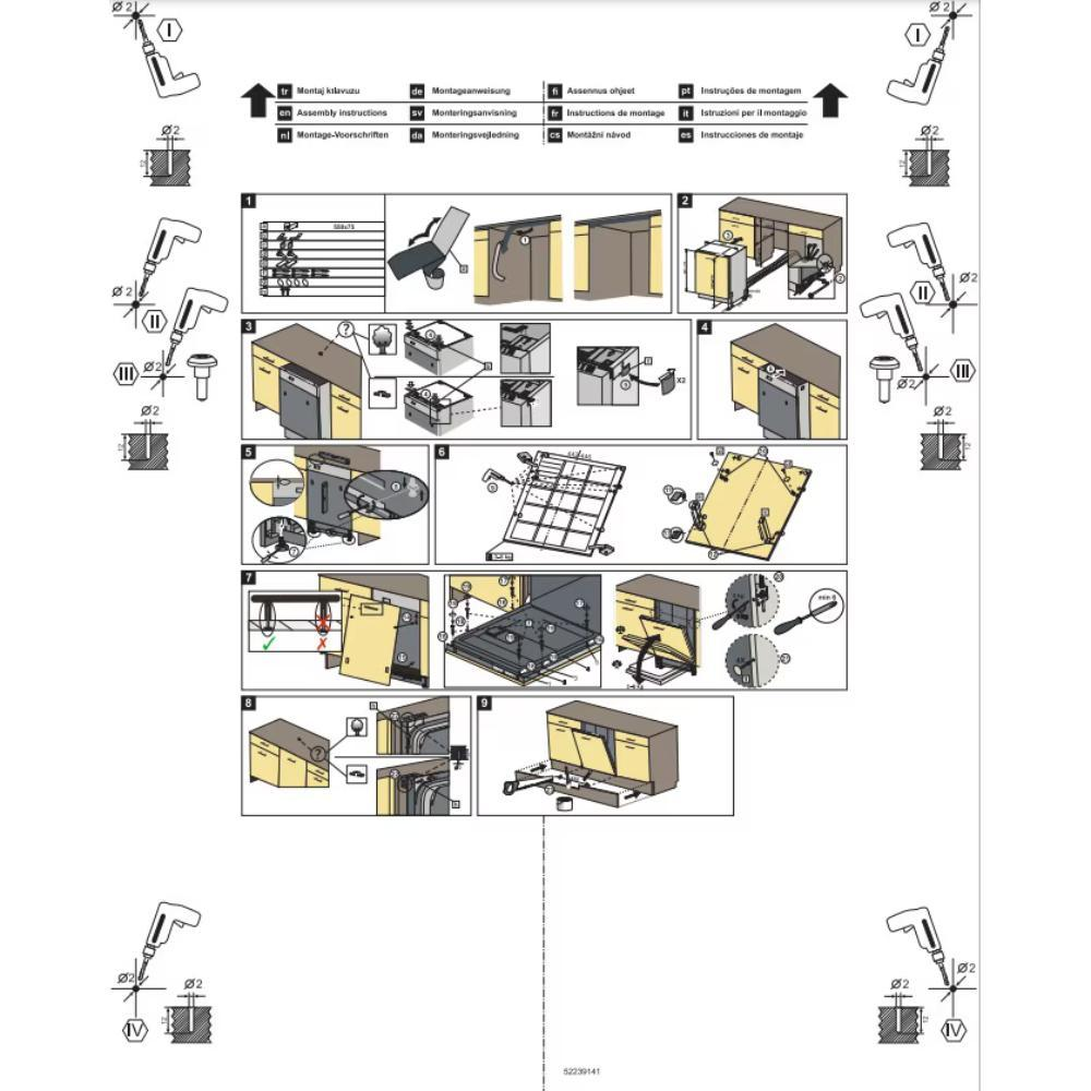 Montage-instructies met diagrammen. Toont de stappen voor het monteren van de kast met gereedschap zoals boren. Bevat meerdere weergaven en gedetailleerde instructies.