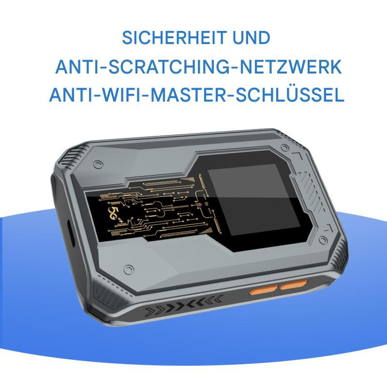 Ein graues Gerät mit Bildschirm, Leiterplattendesign und orangefarbenen Tasten befindet sich auf einer blauen Oberfläche.