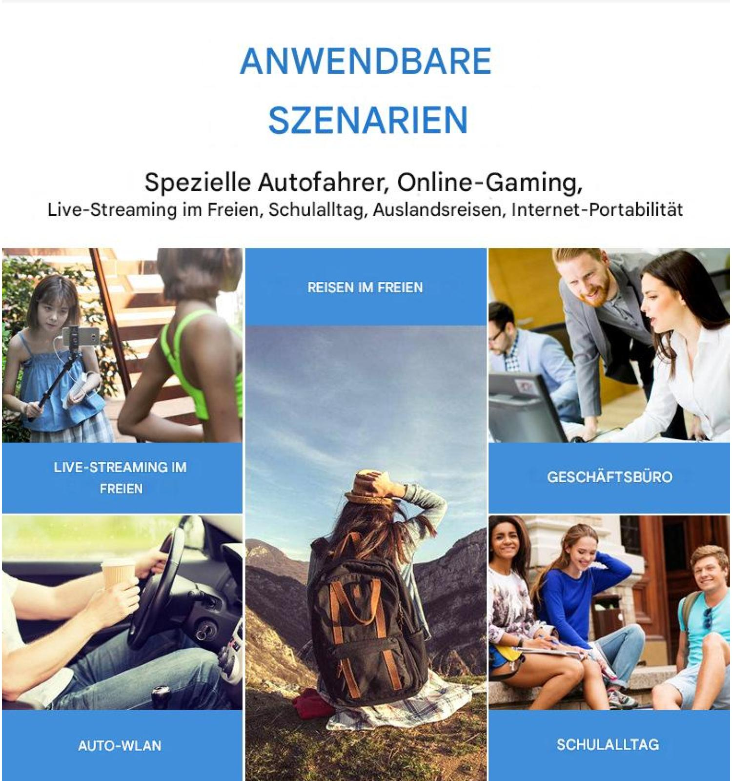 Ein Bild zeigt verschiedene Szenarien wie Live-Streaming, Reisen und Büroarbeit, mit Text auf Deutsch. Personen befinden sich in verschiedenen Umgebungen.