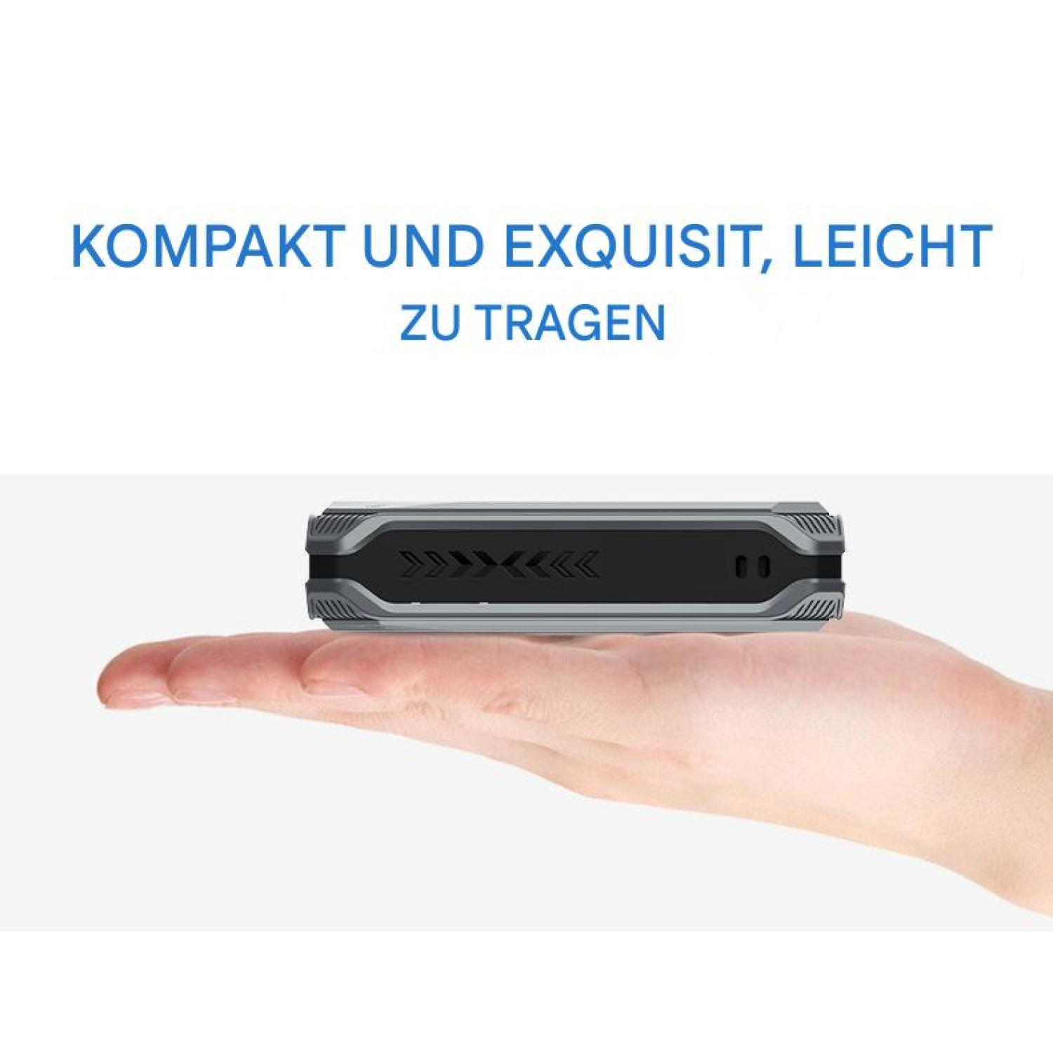 Ein graues Gerät wird in einer Hand gehalten. Oben steht der Text 'KOMPAKT UND EXQUISIT, LEICHT ZU TRAGEN'.