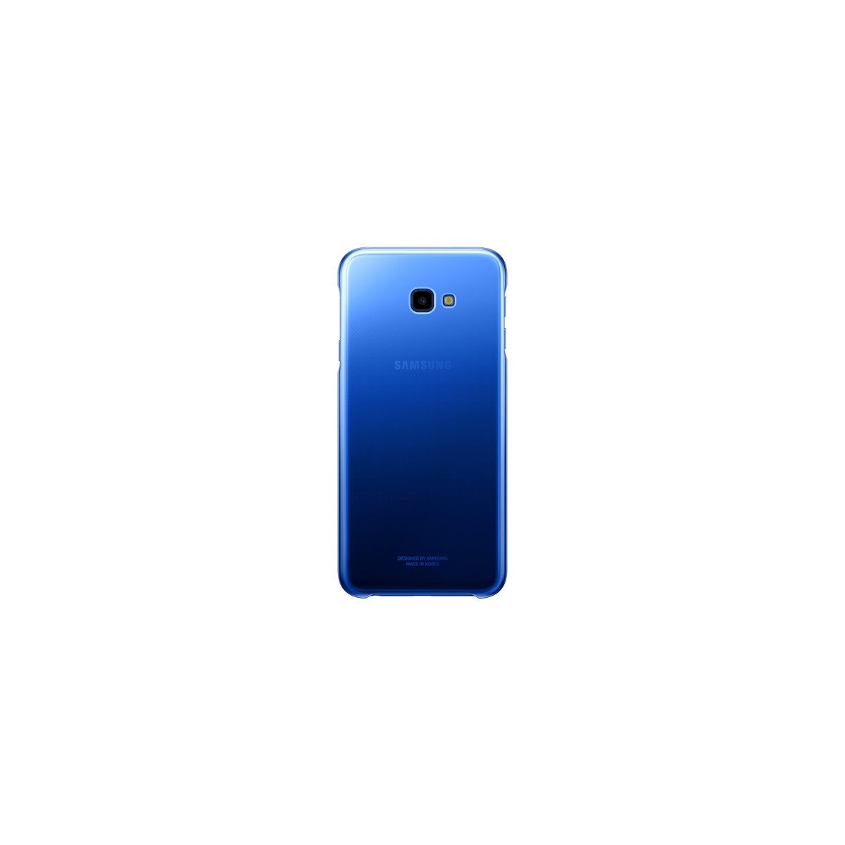Un telefono Samsung blu su sfondo bianco. Ha una fotocamera e un flash. Lo schermo ha il logo Samsung.