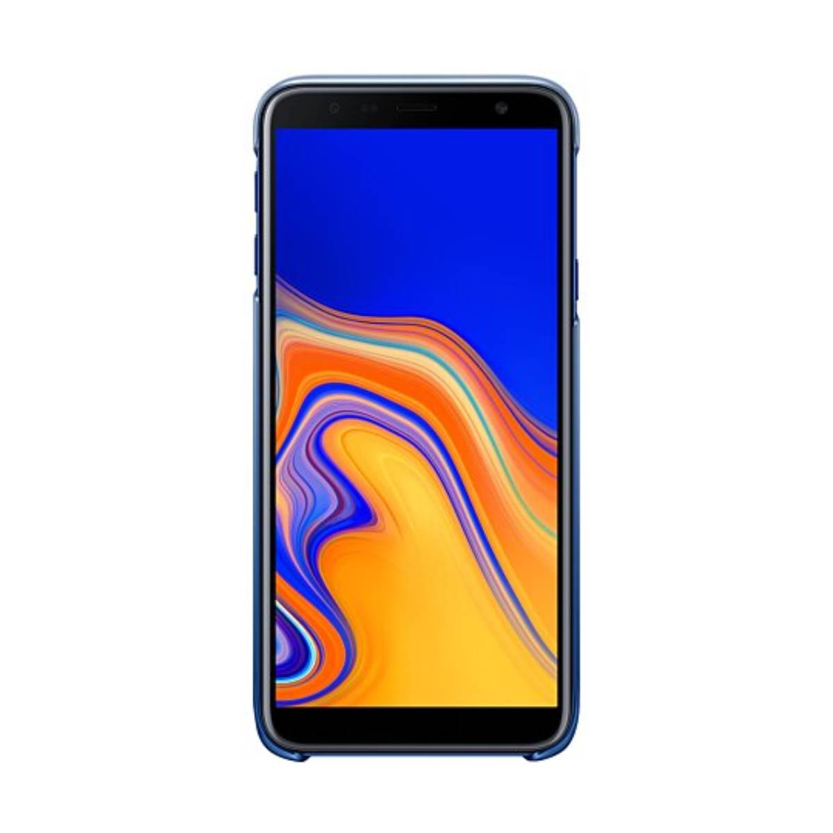 Uno smartphone con custodia blu. Lo schermo mostra un design astratto colorato con sfumature di blu, giallo e arancione su sfondo nero.