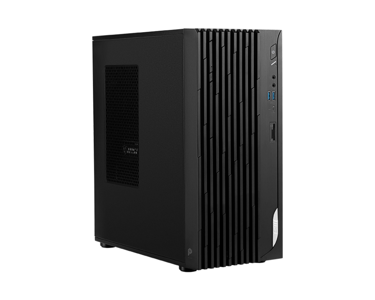 Case per computer nero con pannello laterale ventilato e pannello frontale con porte e pulsante di accensione. Sfondo bianco.