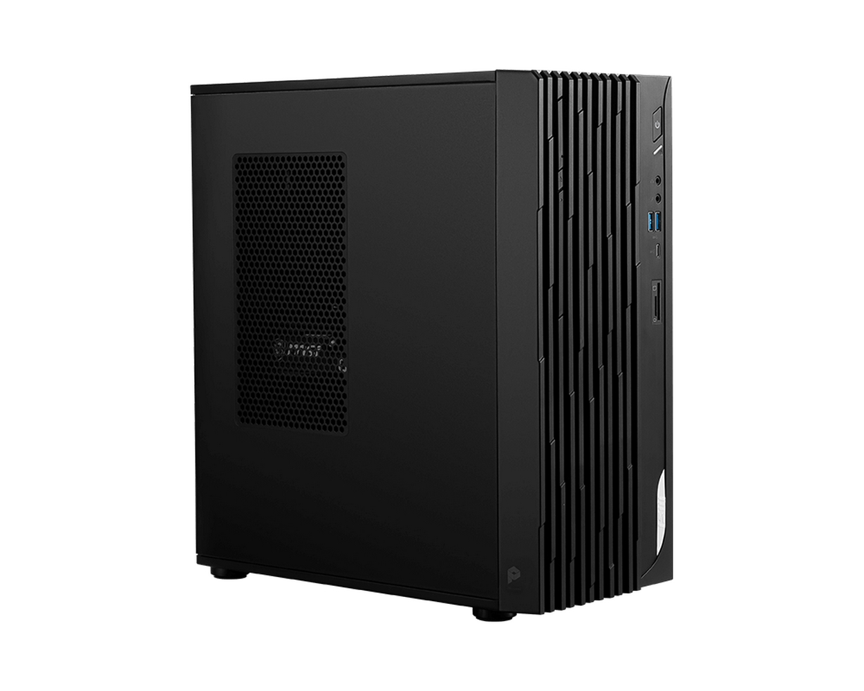 Un case per computer desktop nero. Ha un pannello laterale perforato e un pannello frontale con linee verticali. Le porte sono visibili sulla parte anteriore.