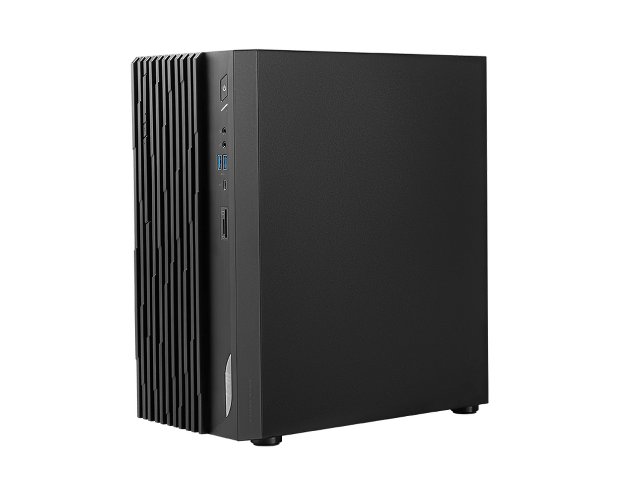 Un case nero per computer è in posizione verticale. Il lato sinistro ha feritoie verticali. Il lato destro è liscio. Ha pulsanti e porte.