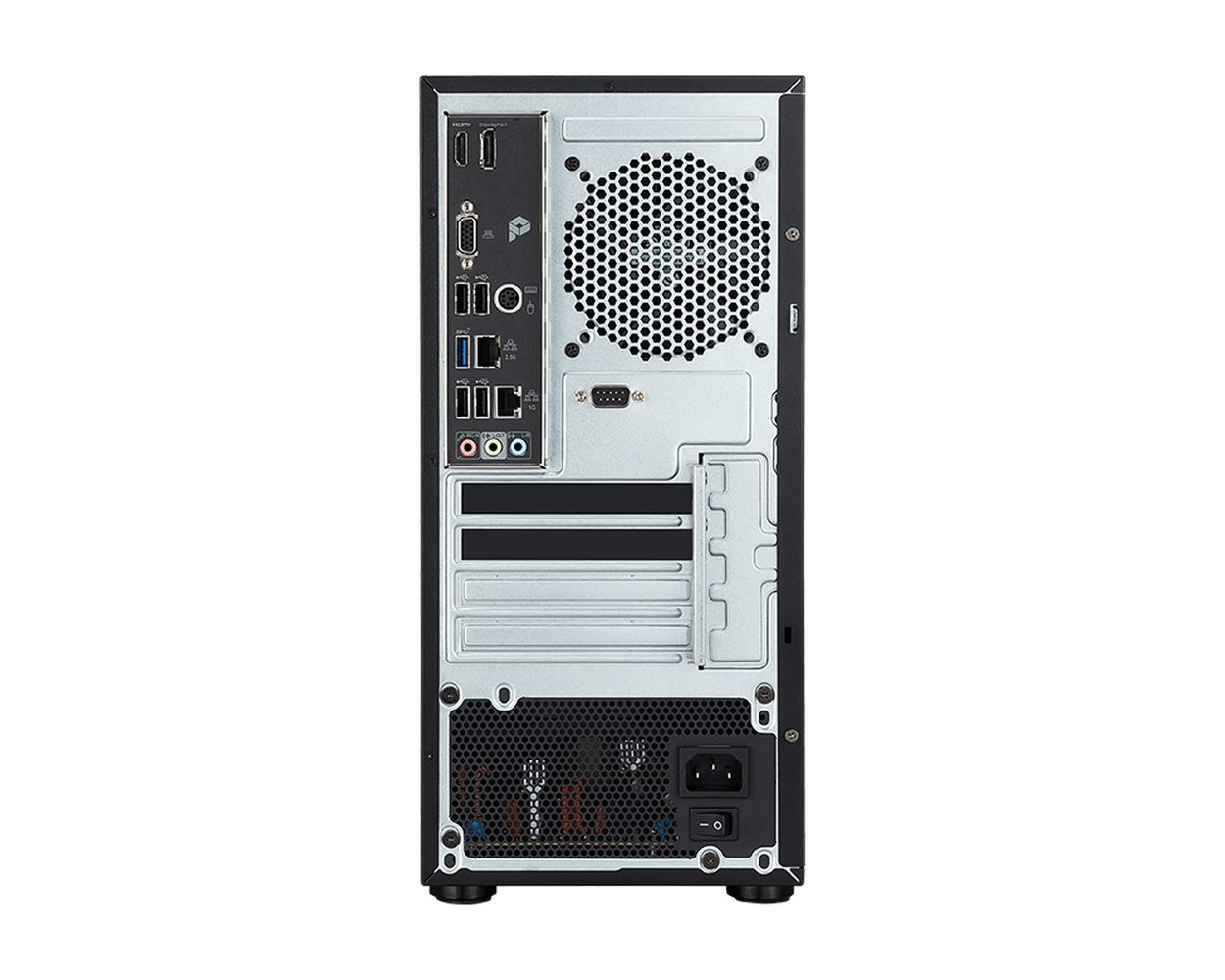 Retro di un case per computer nero. Include porte, ventola e alimentatore. Pannelli metallici argentati e rete nera in basso.