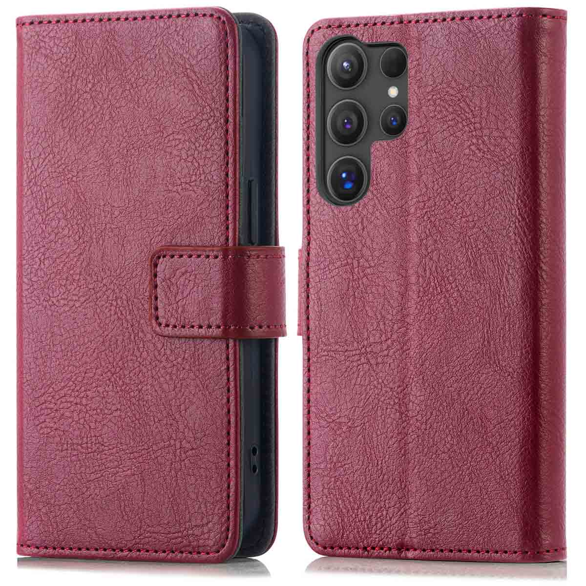 Un étui de téléphone en cuir bordeaux, ouvert, montrant la matrice de caméra du téléphone. L'étui a une fermeture magnétique et des bords cousus.