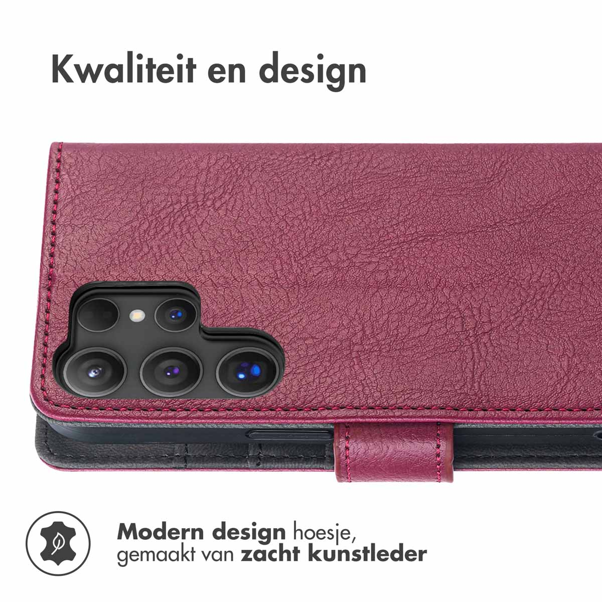 Gros plan sur un étui de téléphone bordeaux. L'étui est en matériau texturé avec une découpe pour l'appareil photo et une fermeture.