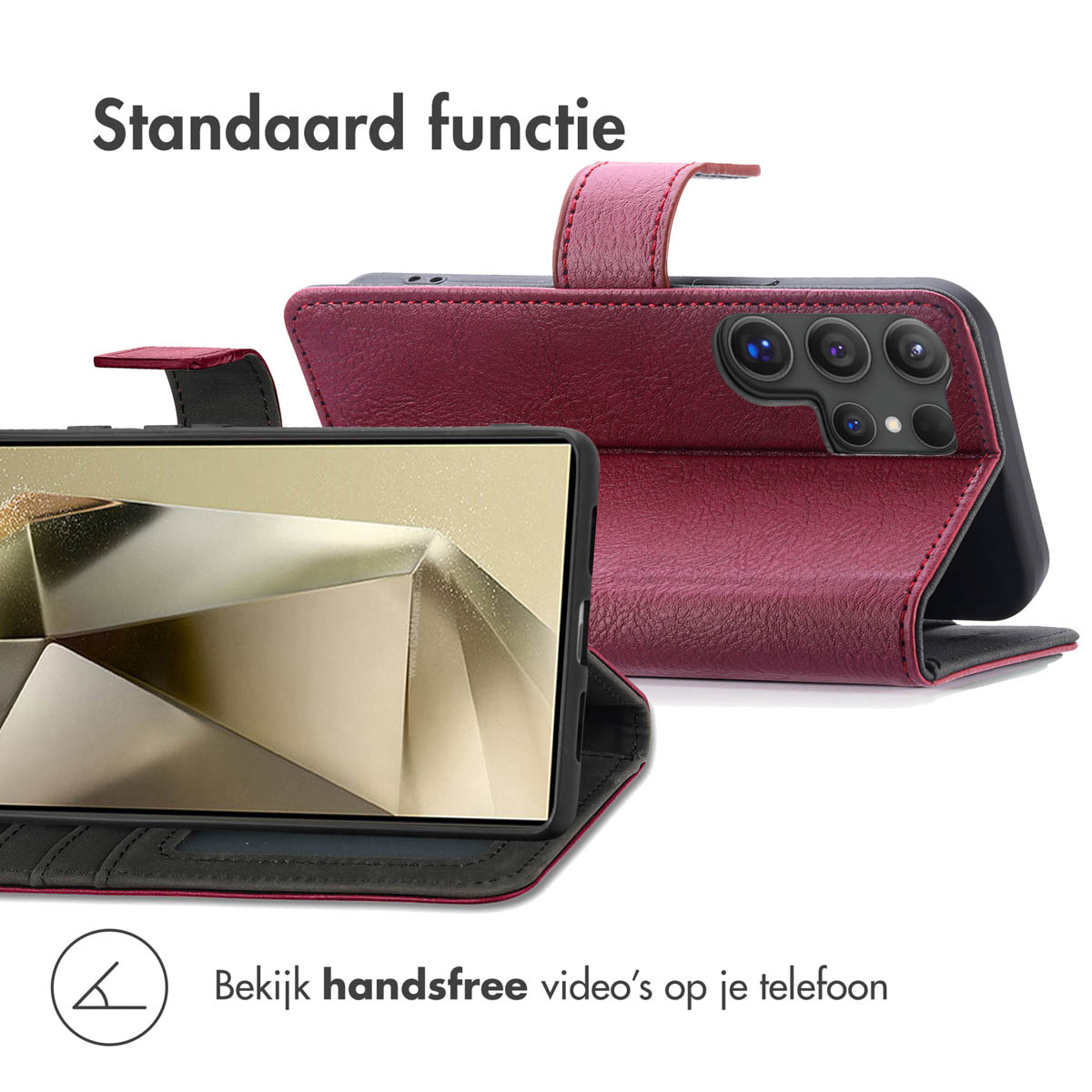 Un étui de téléphone rouge avec un téléphone à l'intérieur, ouvert pour montrer l'écran. Le texte dit 'Fonction standard' et 'Regarder des vidéos mains libres'.