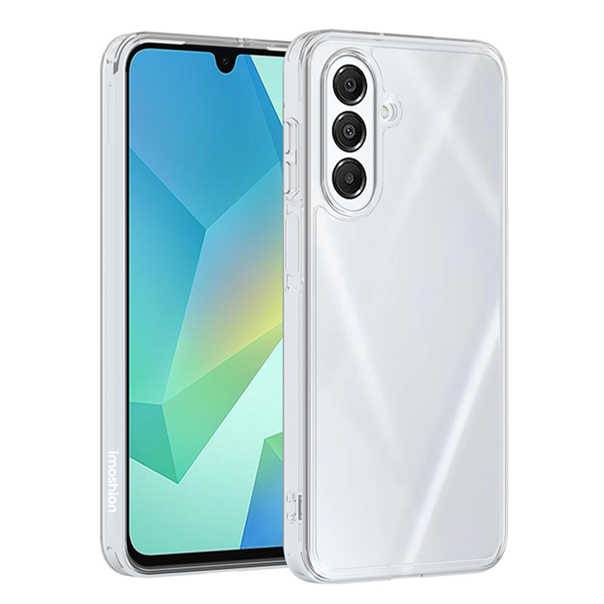Un smartphone dans une coque transparente. L'écran du téléphone affiche un dégradé bleu et vert. La coque a trois objectifs.