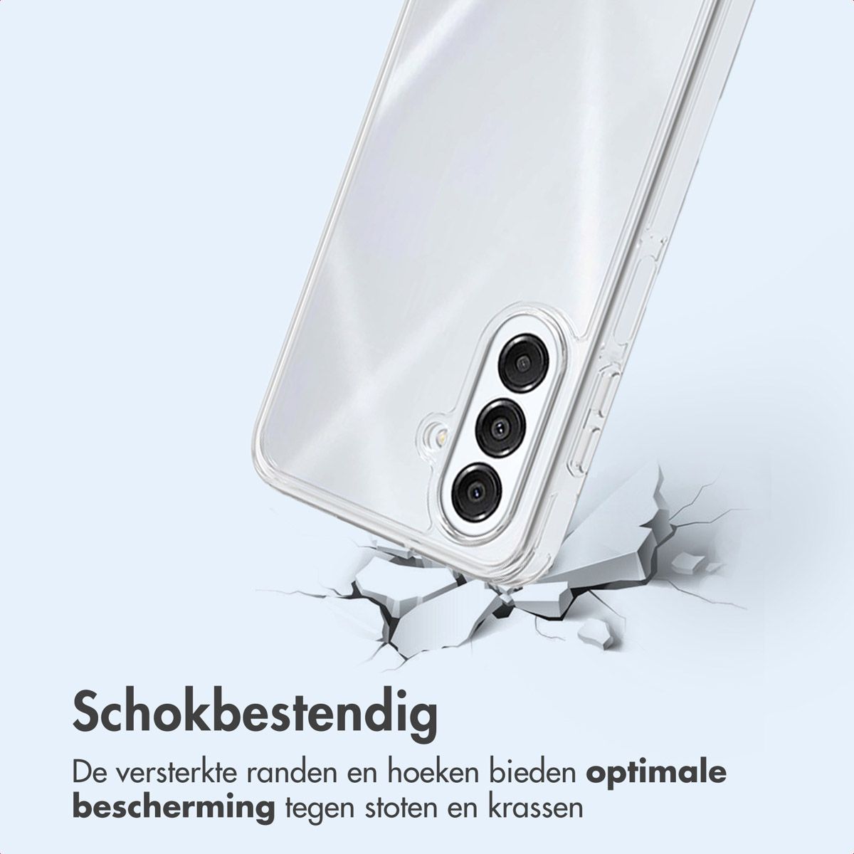 Une coque de téléphone transparente tombe, brisant le sol. Texte : Résistant aux chocs, avec des bords renforcés pour une protection optimale.