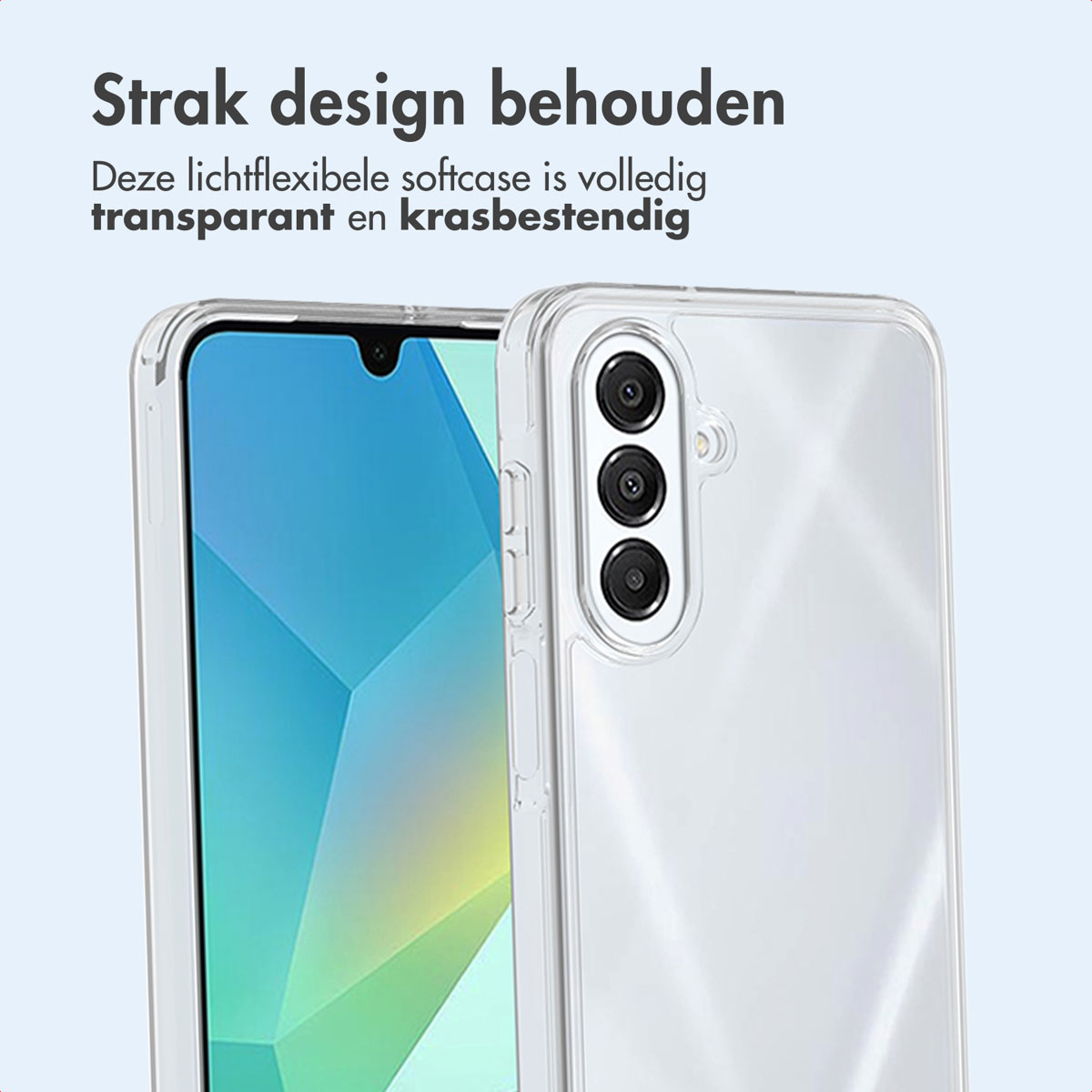 Un étui transparent pour téléphone est présenté, mettant en évidence le design du téléphone. L'étui a un module caméra avec trois lentilles.