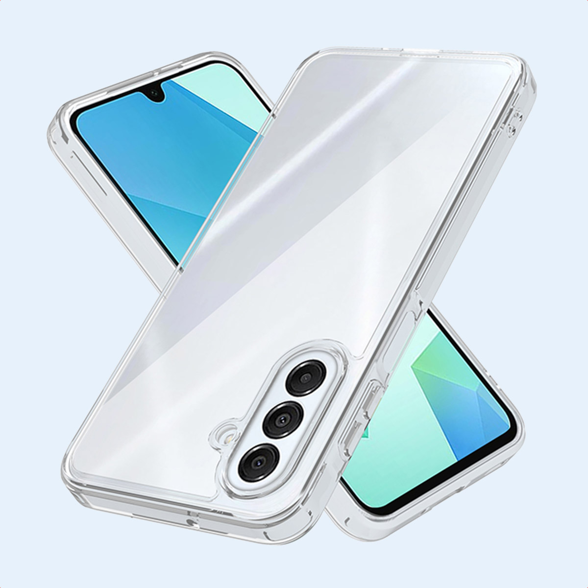 Étuis de téléphone transparents empilés, révélant des écrans de téléphone aux teintes bleues et vertes. Trois lentilles de caméra visibles. Fond dégradé bleu clair.