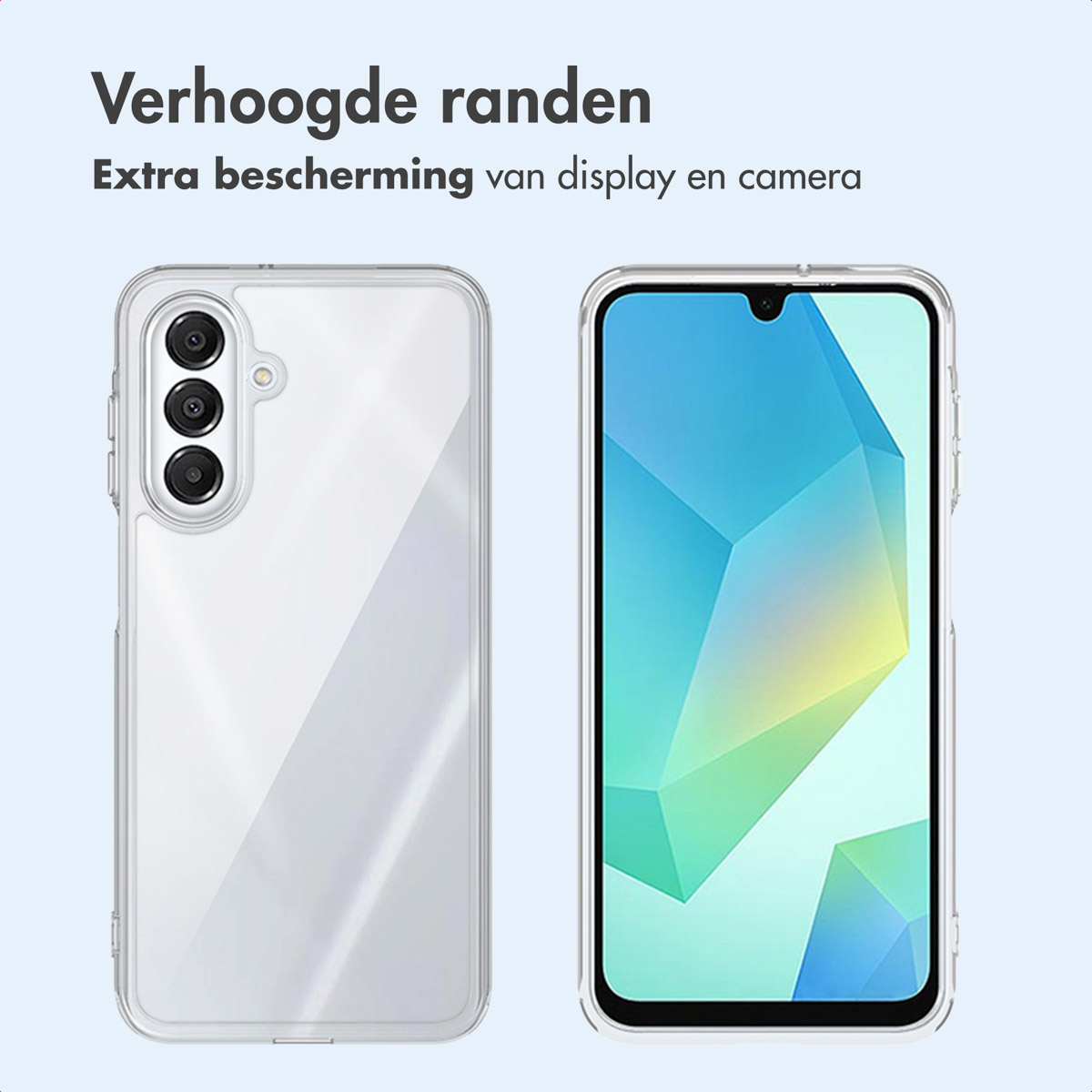 Deux coques de téléphone transparentes. L'une montre l'arrière avec des caméras, l'autre l'écran avec un fond coloré. Texte en haut.