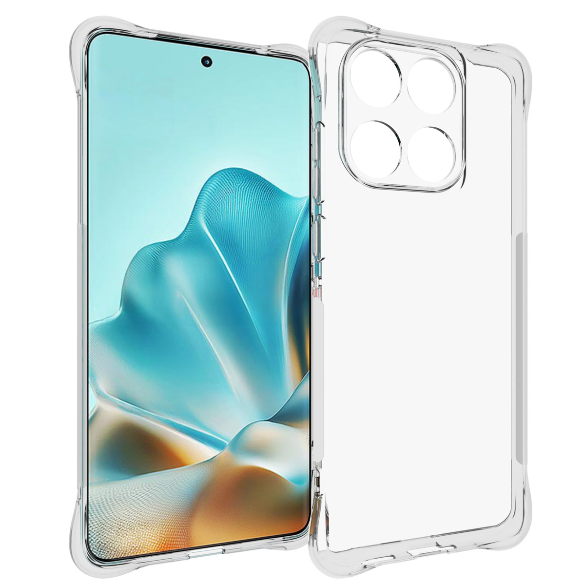 Een doorzichtige telefoonhoes zit naast een telefoon met een scherm met een blauw, abstract ontwerp. De hoes heeft een uitsparing voor de camera.