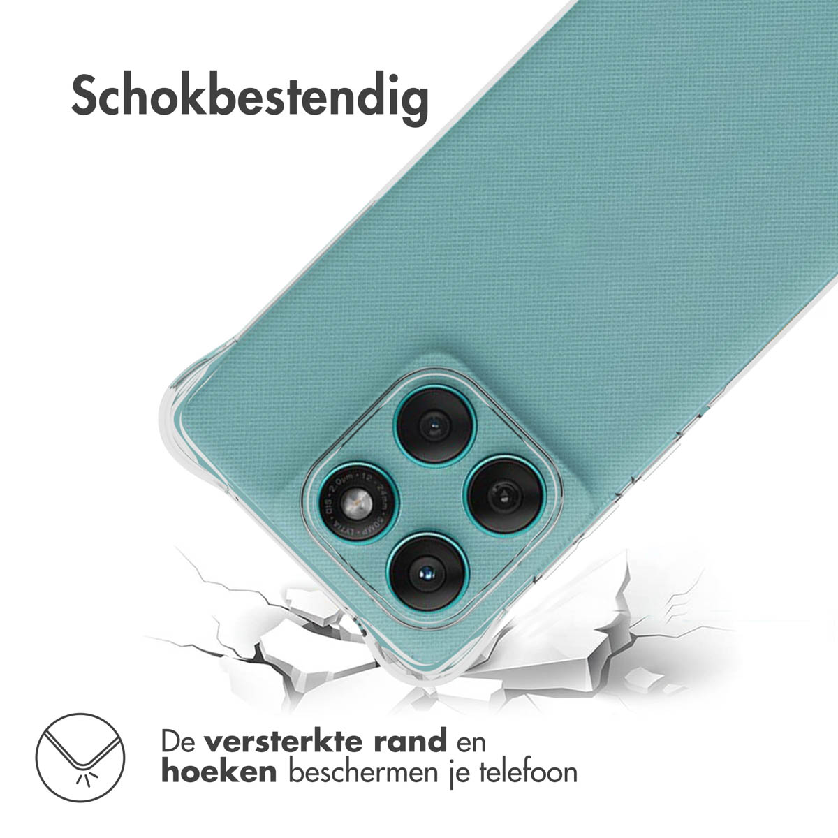 Een telefoon met een blauwgroene achterkant wordt getoond, met een doorzichtig hoesje. Tekst: 'Schokbestendig'. De telefoon breekt de grond. Tekst: versterkte randen beschermen.