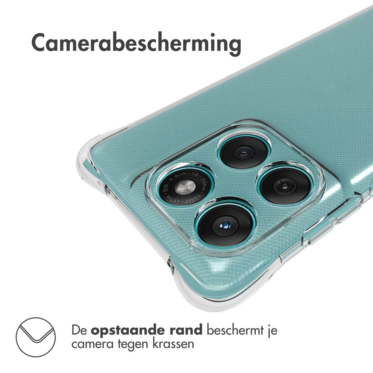 Transparante telefoonhoes met camerabescherming. Tekst: 'Camerabescherming'. Een opstaande rand beschermt de camera tegen krassen.