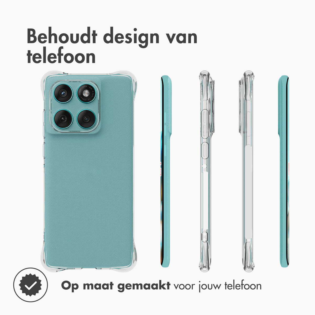 Een blauwgroene telefoonhoes met een transparante bumper en vier cameralenzen. Tekst: 'Behoudt design van telefoon' en 'Op maat gemaakt voor jouw telefoon'.