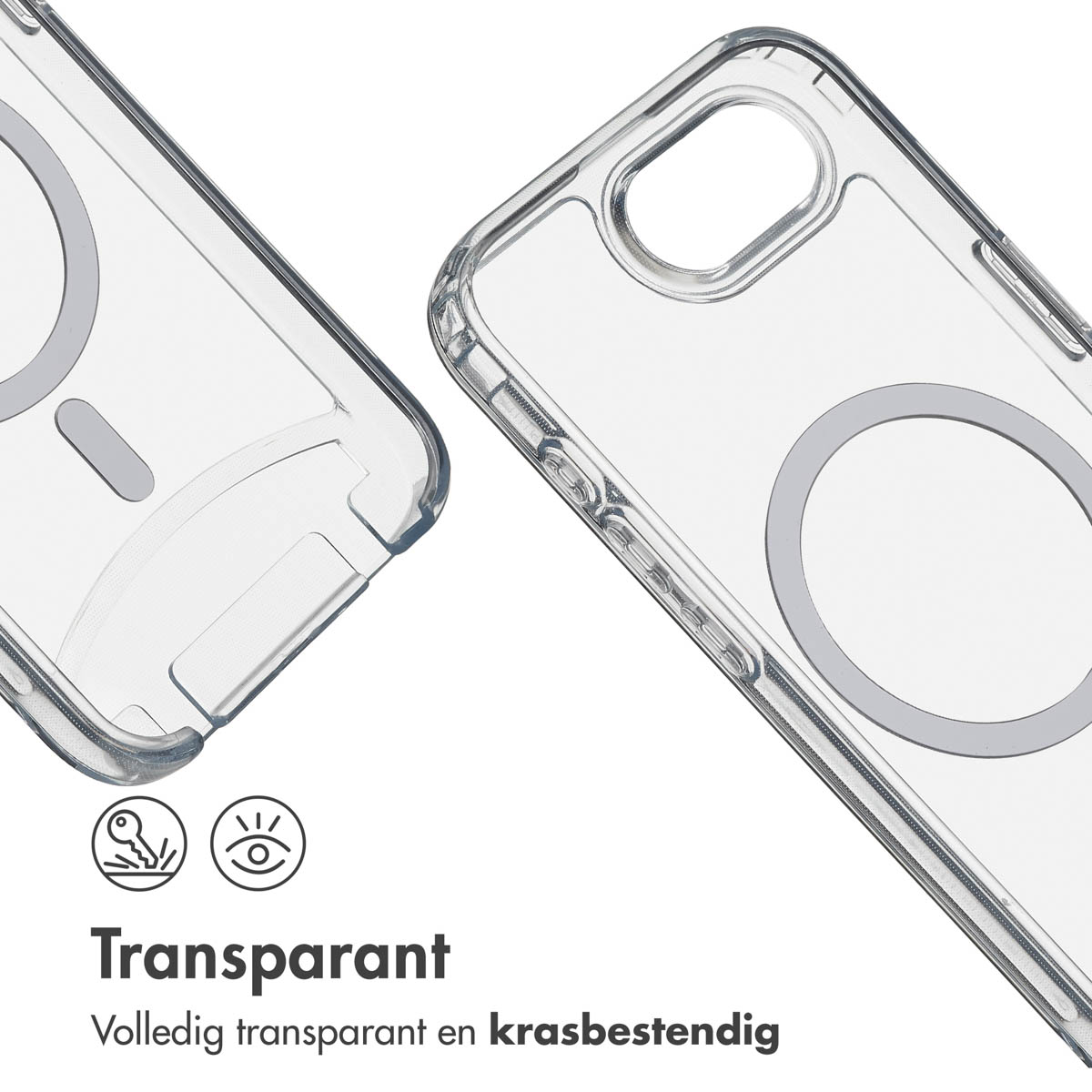 Deux coques de téléphone transparentes avec des anneaux magnétiques gris. Texte : Transparent, totalement transparent et résistant aux rayures.