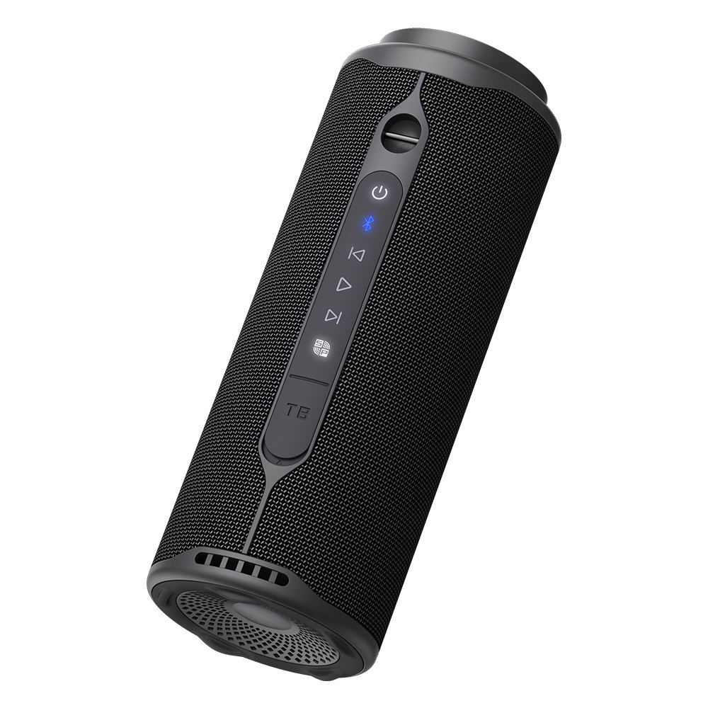 Czarny cylindryczny głośnik Bluetooth z przyciskami sterowania i powierzchnią przypominającą siatkę. Białe tło.