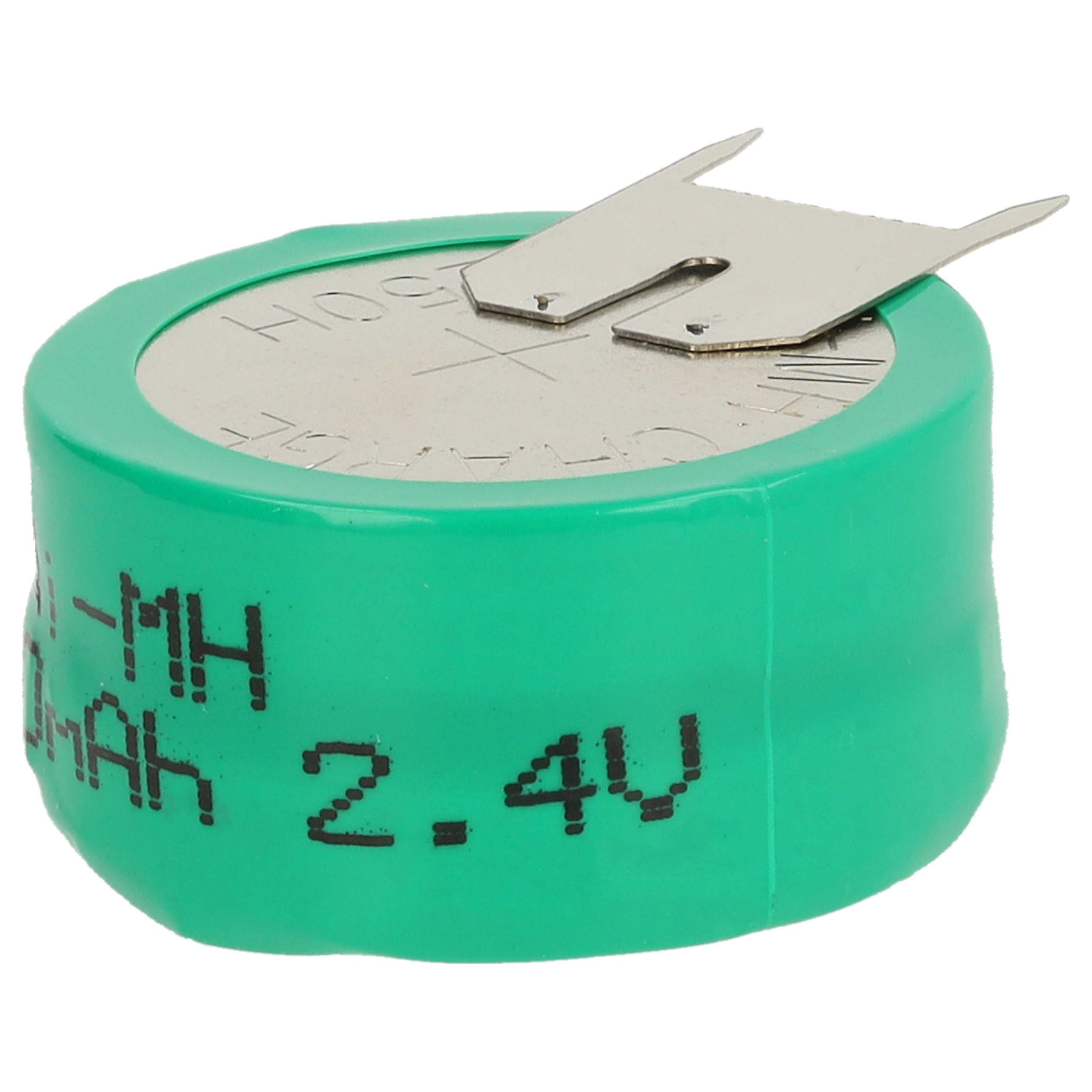 Eine grüne Batteriezelle mit Metalllasche. Sie hat schwarzen Text: -MH, mAh und 2,4V. Der Hintergrund ist weiß.