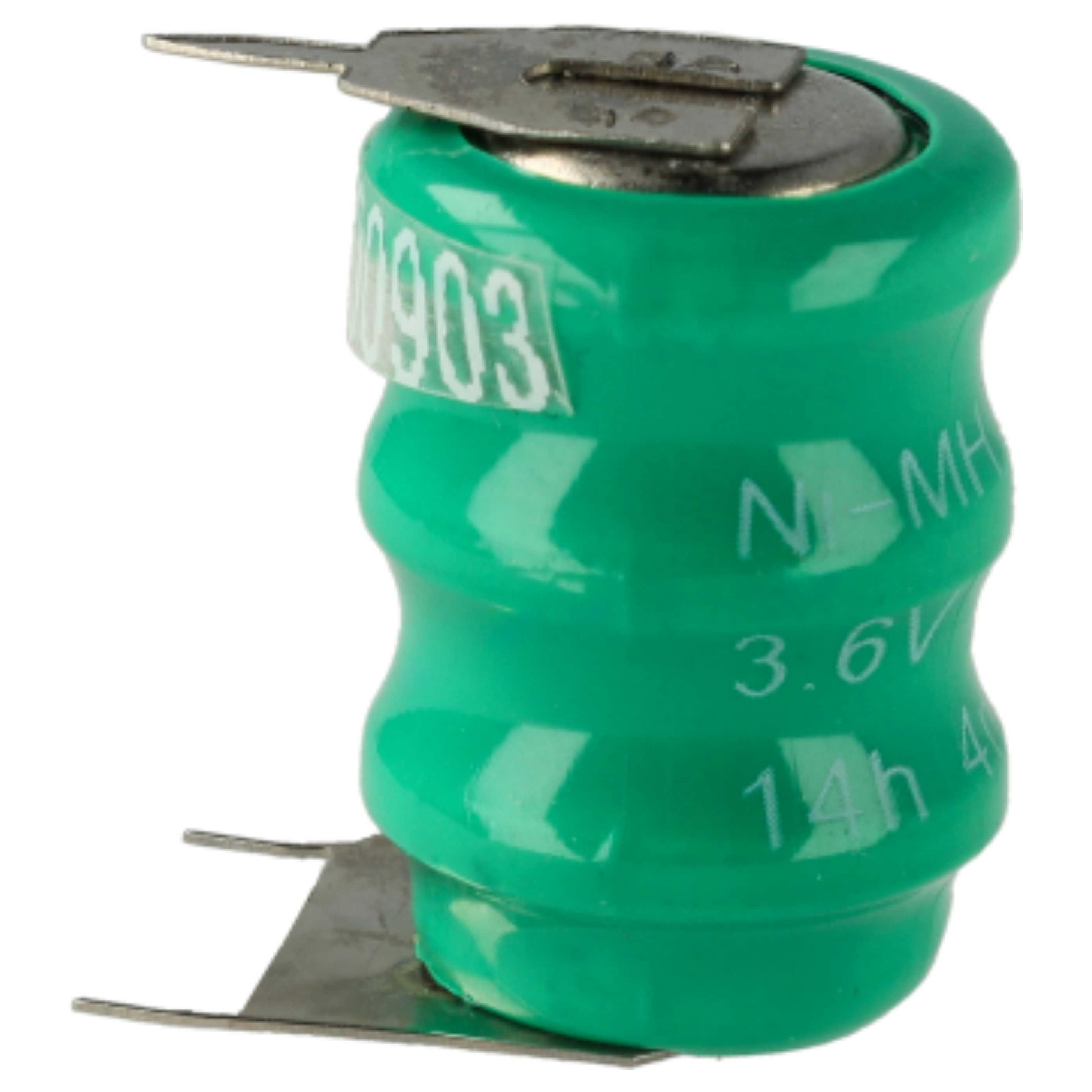 Eine grüne zylindrische Batterie mit Metalllaschen. Markierungen: '903', 'N-MH', '3,6V' und '14h 4'.
