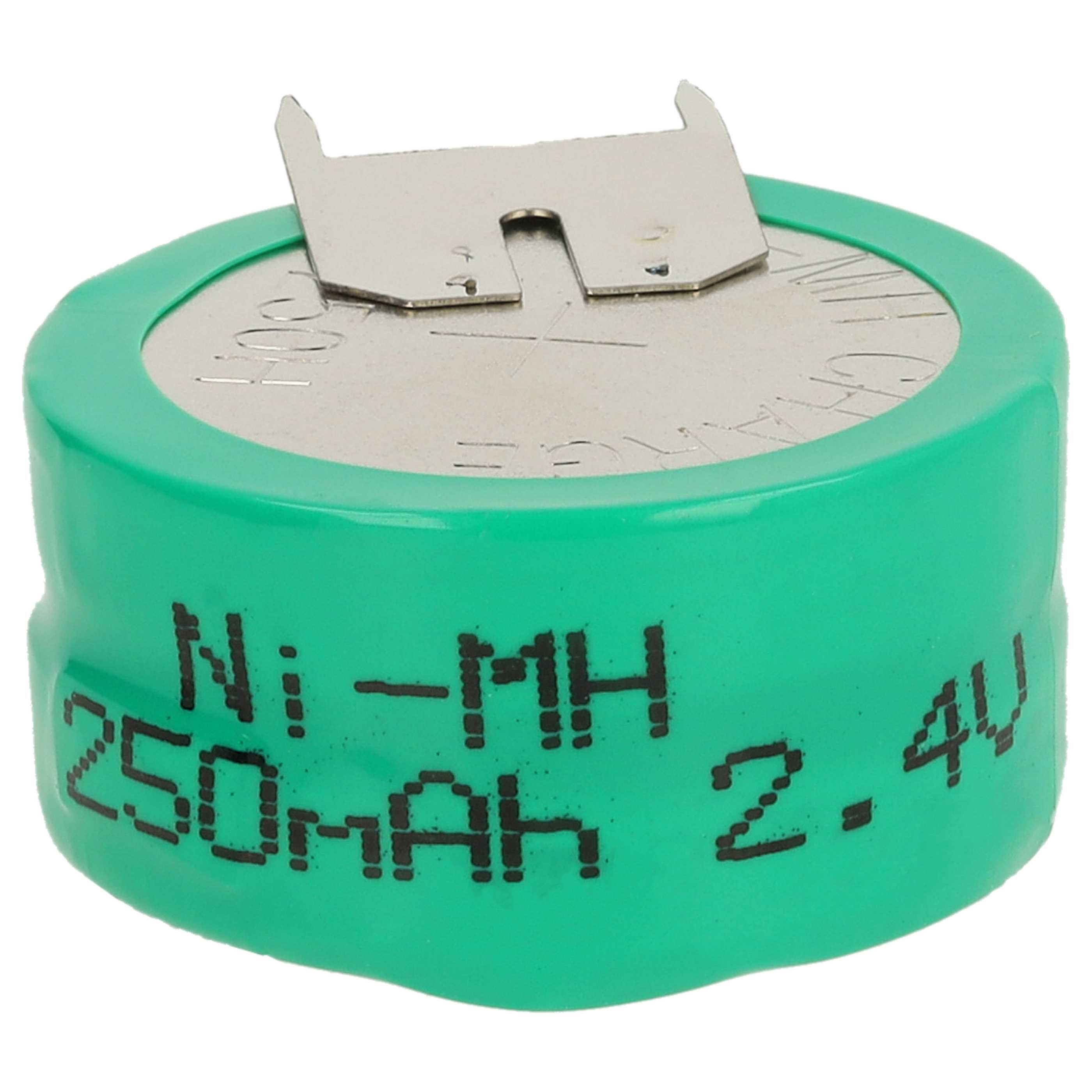 Eine grüne Ni-MH-Batterie mit einer Metallkontaktplatte. Aufschrift: 'Ni-MH 250mAh 2,4V'.