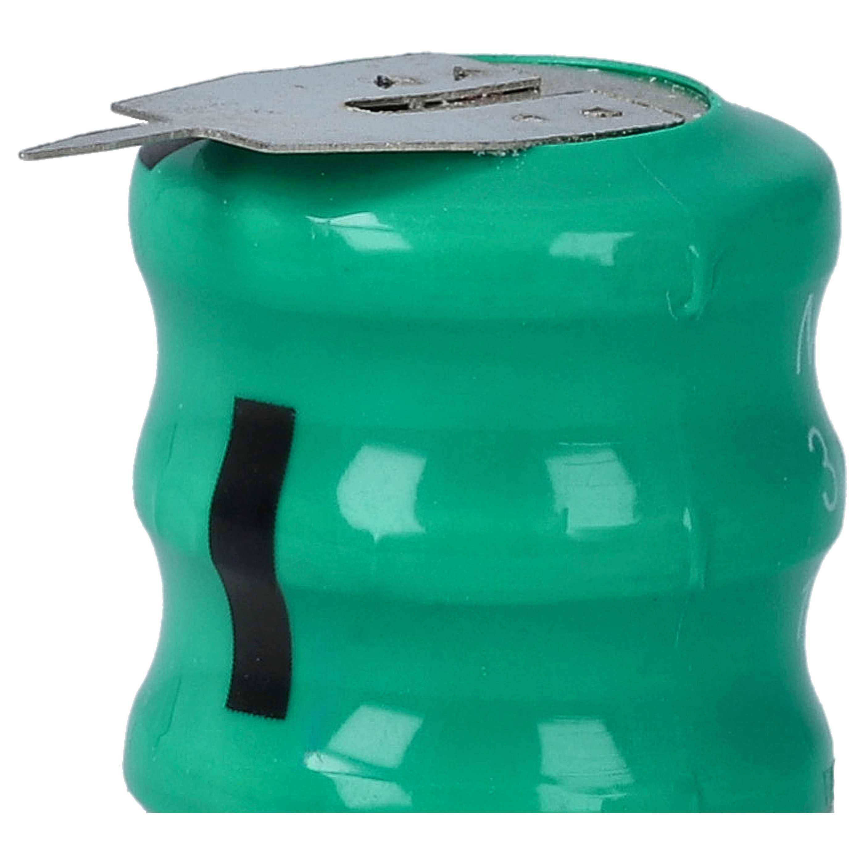 Eine grüne Batterie mit metallischer Oberseite. Auf der Seite befindet sich ein schwarzer Streifen. Die Oberseite hat eine Lasche.