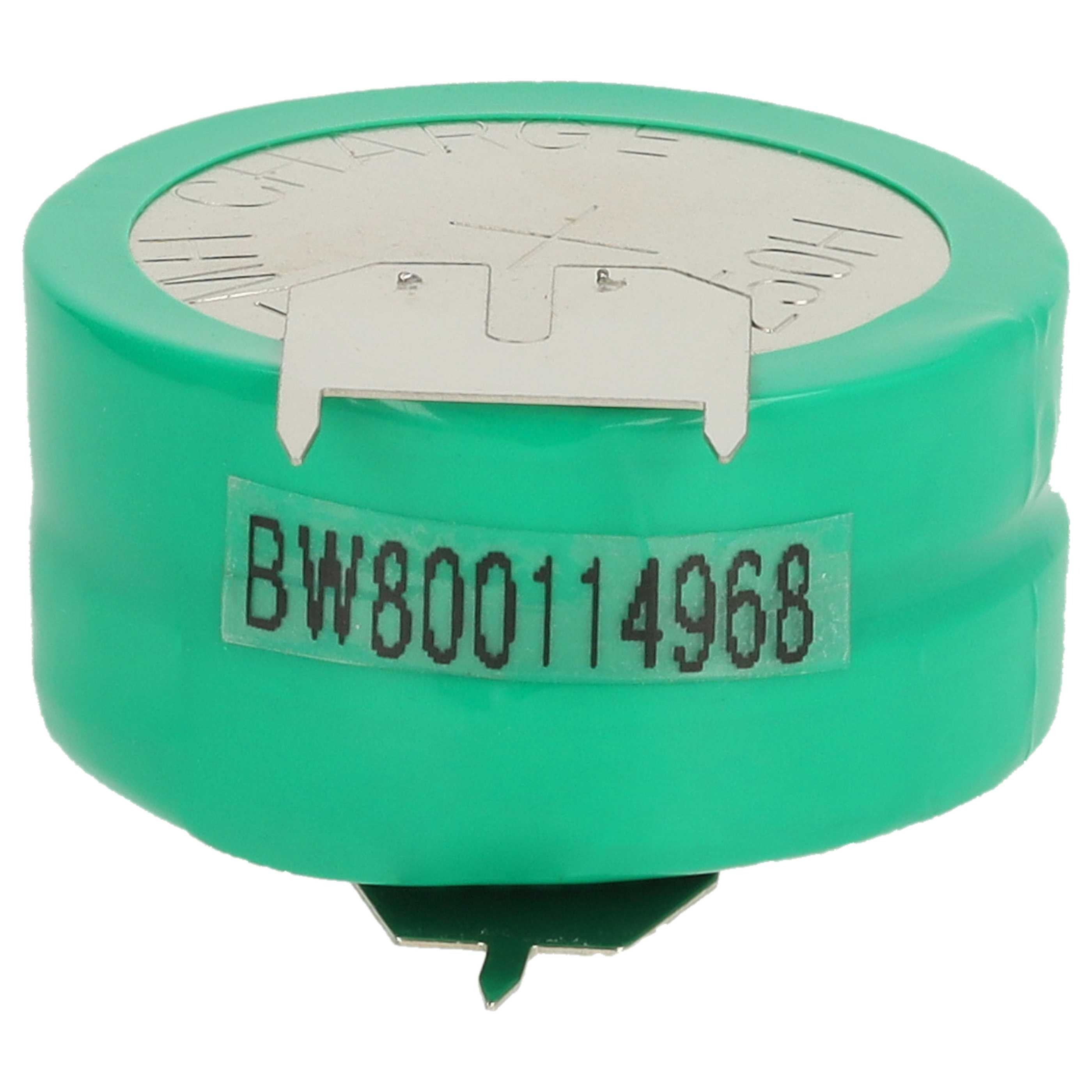 Eine grüne zylindrische Batteriezelle mit silberner Oberseite. Sie hat ein Etikett mit dem Text 'BW800114968'.