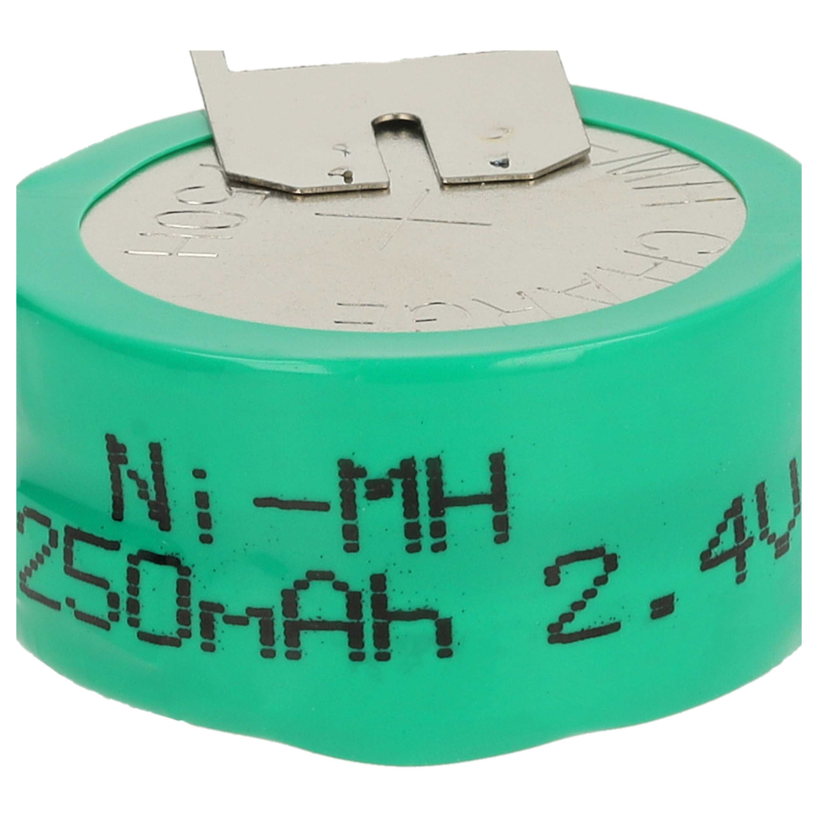 Eine grüne Batterie mit Metalloberteil und schwarzem Text: Ni-MH 250mAh 2,4V. Sie ist zylindrisch.