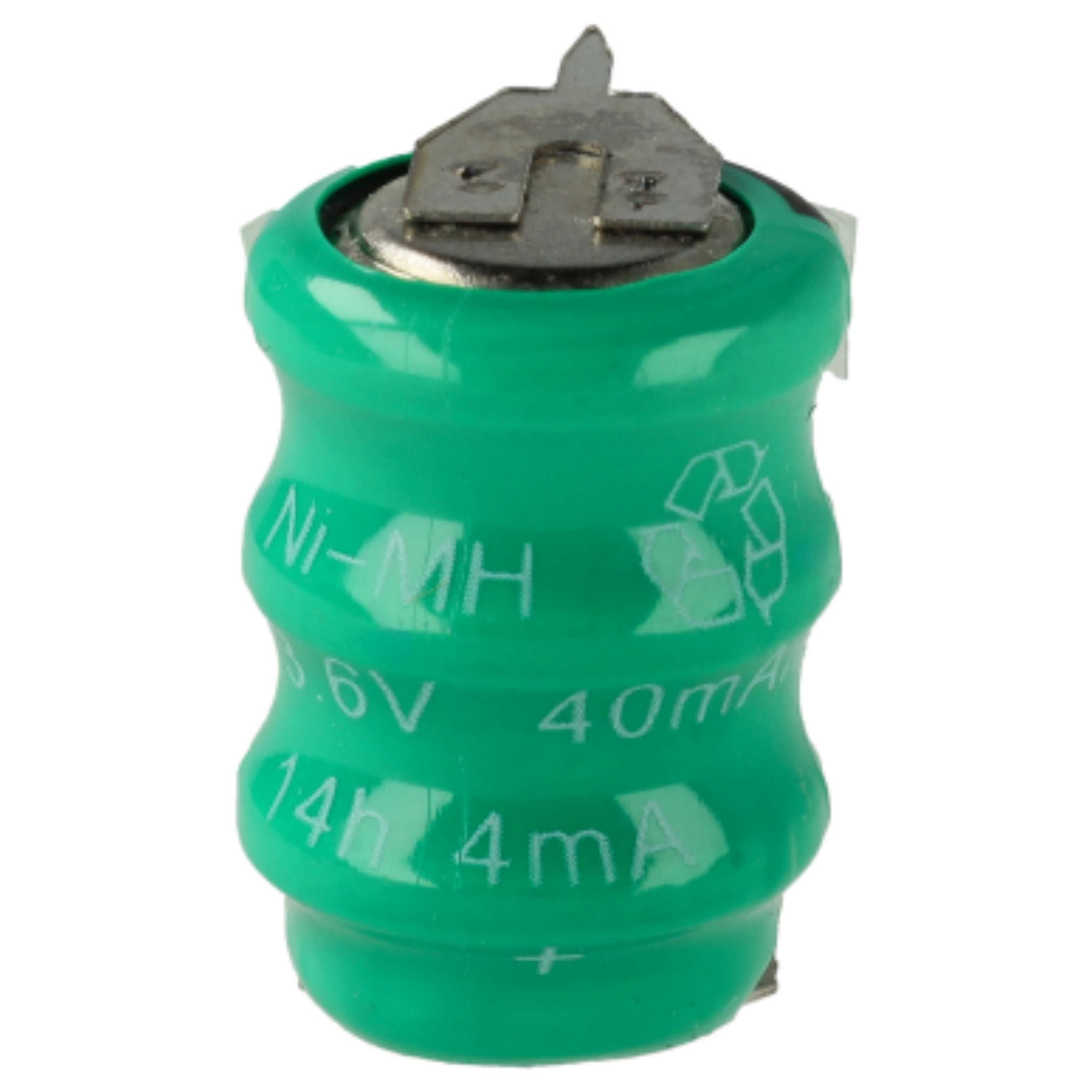 Eine grüne Ni-MH-Batterie mit Metalloberteil. Aufschrift: 3,6 V, 40 mA, 14 h und 4 mA. Weißer Hintergrund.