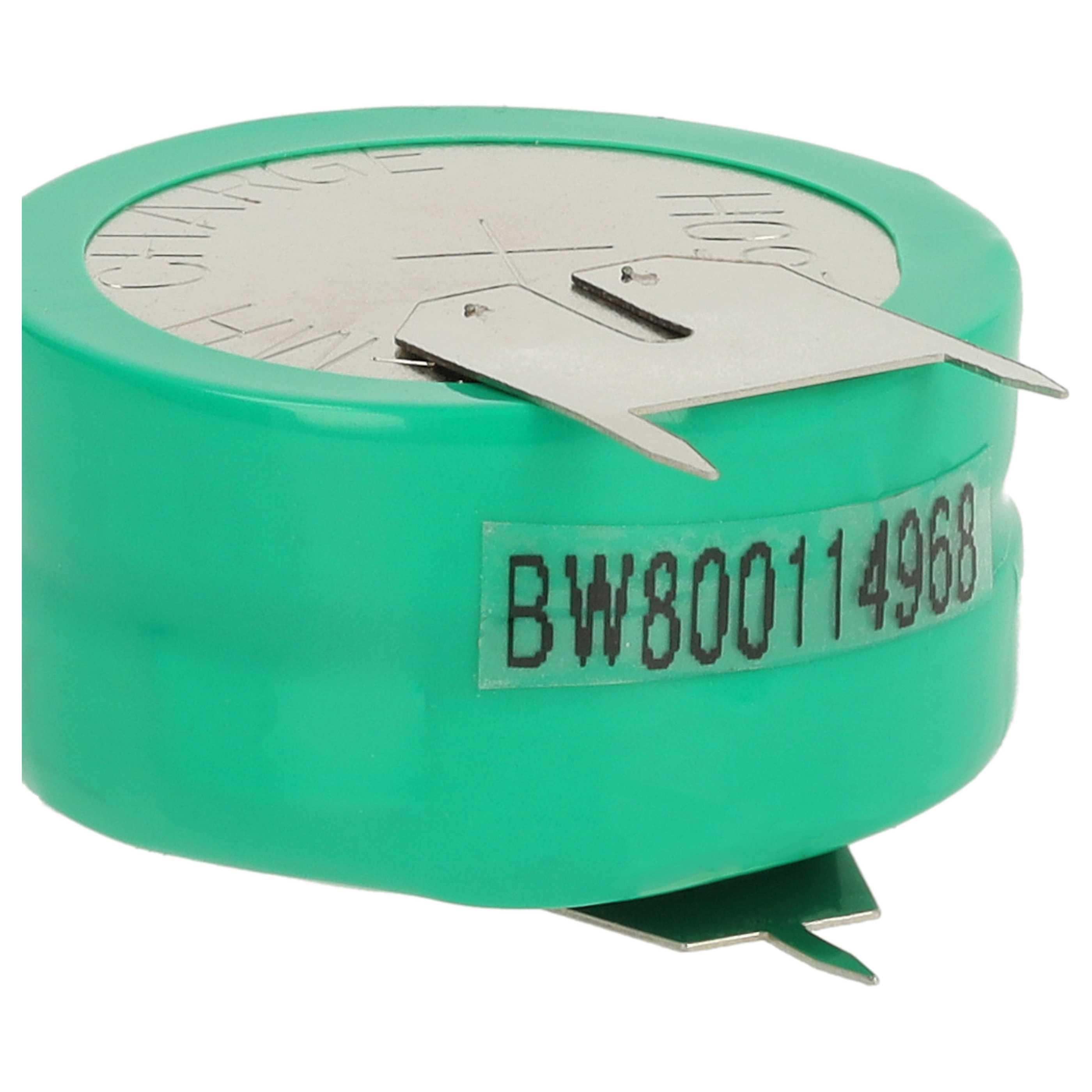 Eine grüne Batteriezelle mit Metalloberseite und einem Etikett mit der Aufschrift 'BW800114968'. Sie hat Metallzungen.