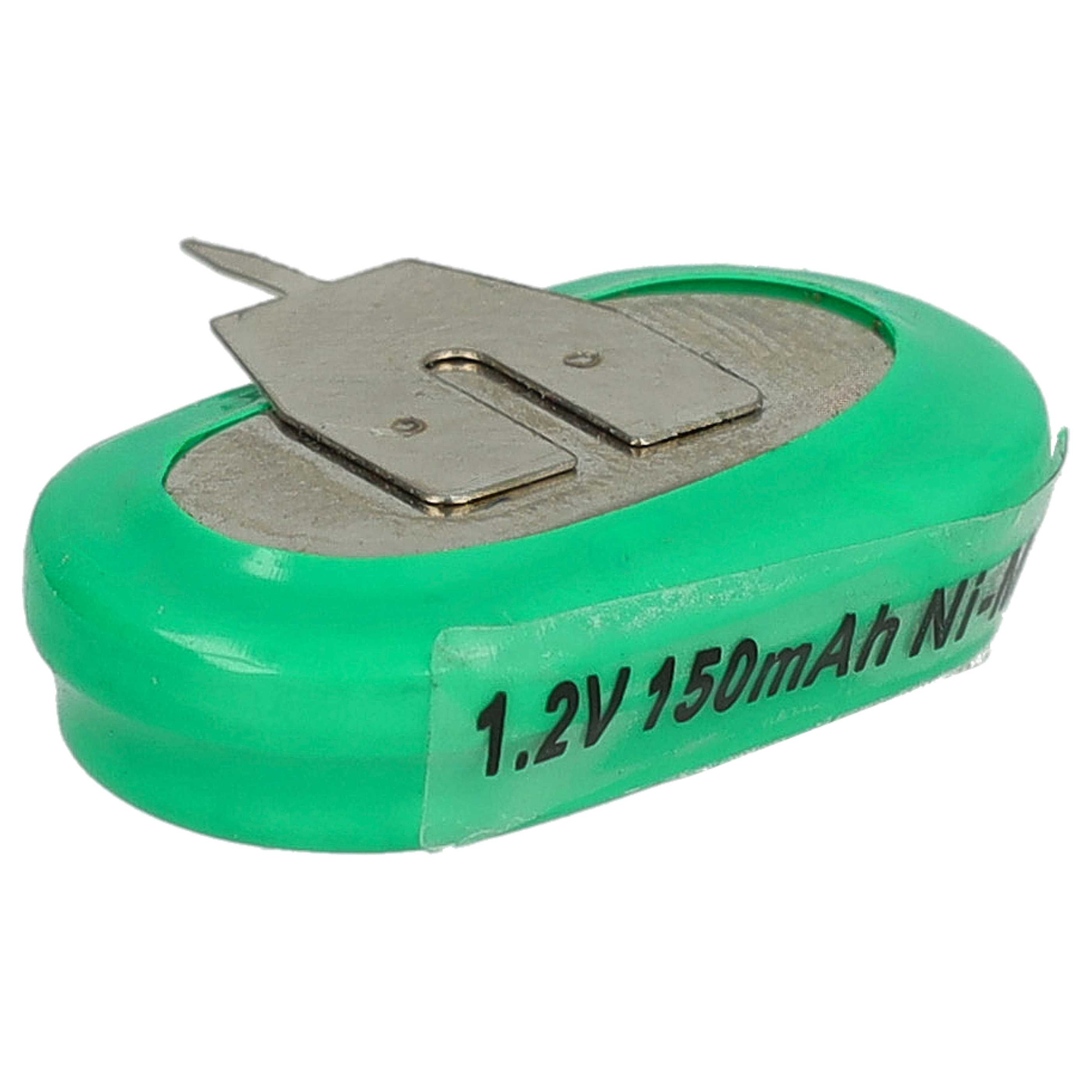 Eine grüne 1,2-V-150-mAh-Ni-Mh-Batterie mit einem silbernen Metallanschluss. Weißer Hintergrund.