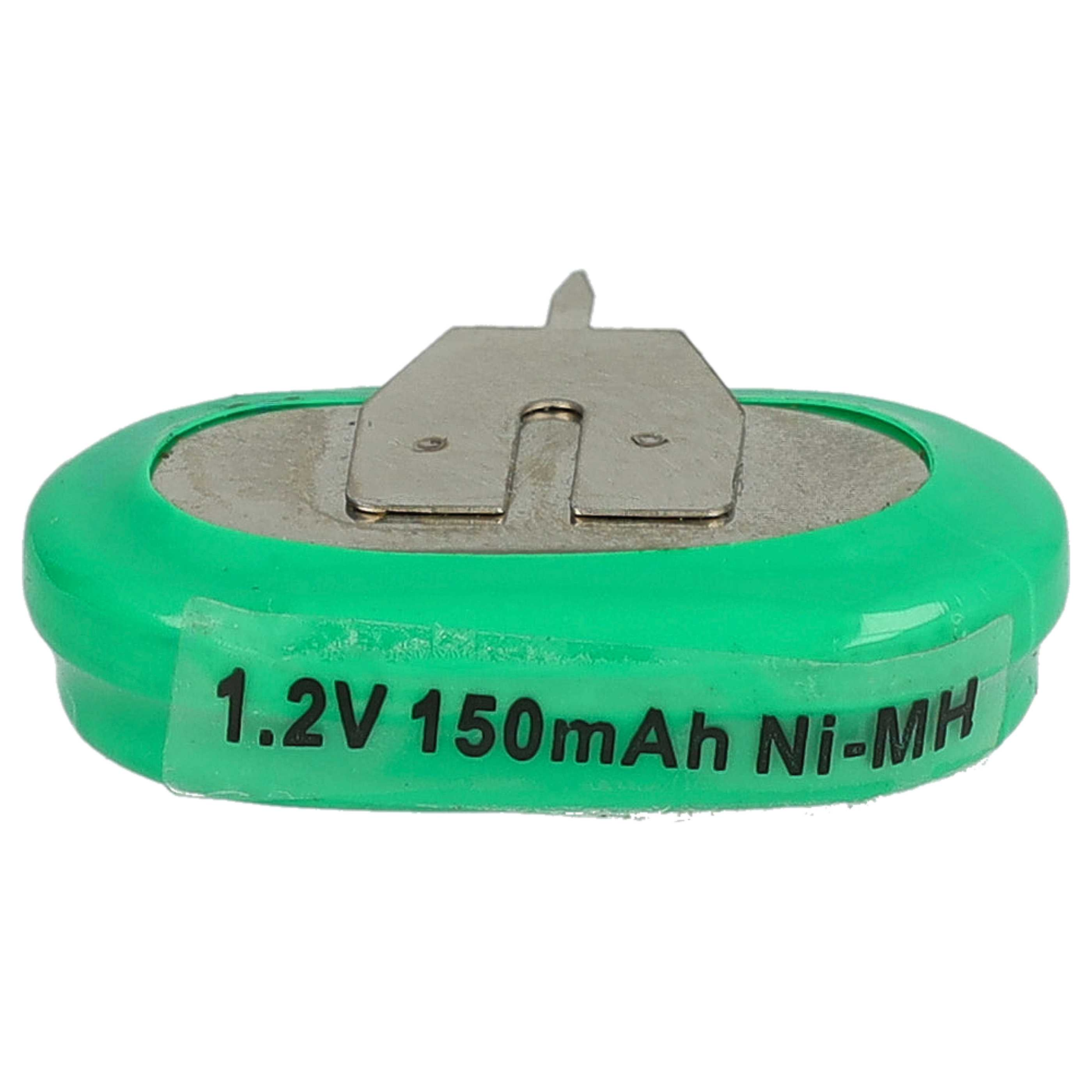 Eine grüne Batterie mit silberner Oberseite und einem Etikett mit der Aufschrift 1,2 V 150 mAh Ni-MH.
