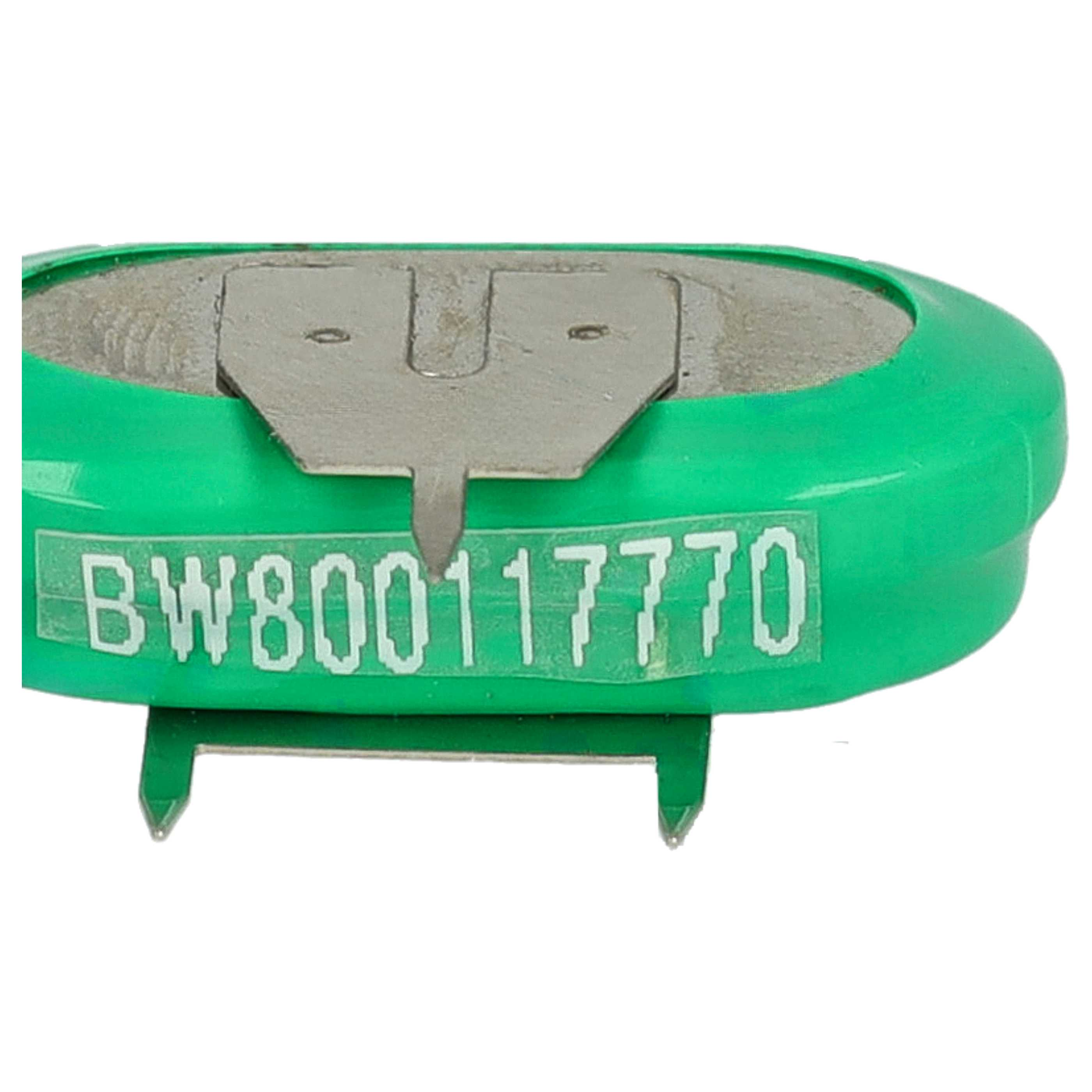 Eine grüne Batterie mit der Aufschrift BW800117770. Oben befindet sich ein Metallteil.