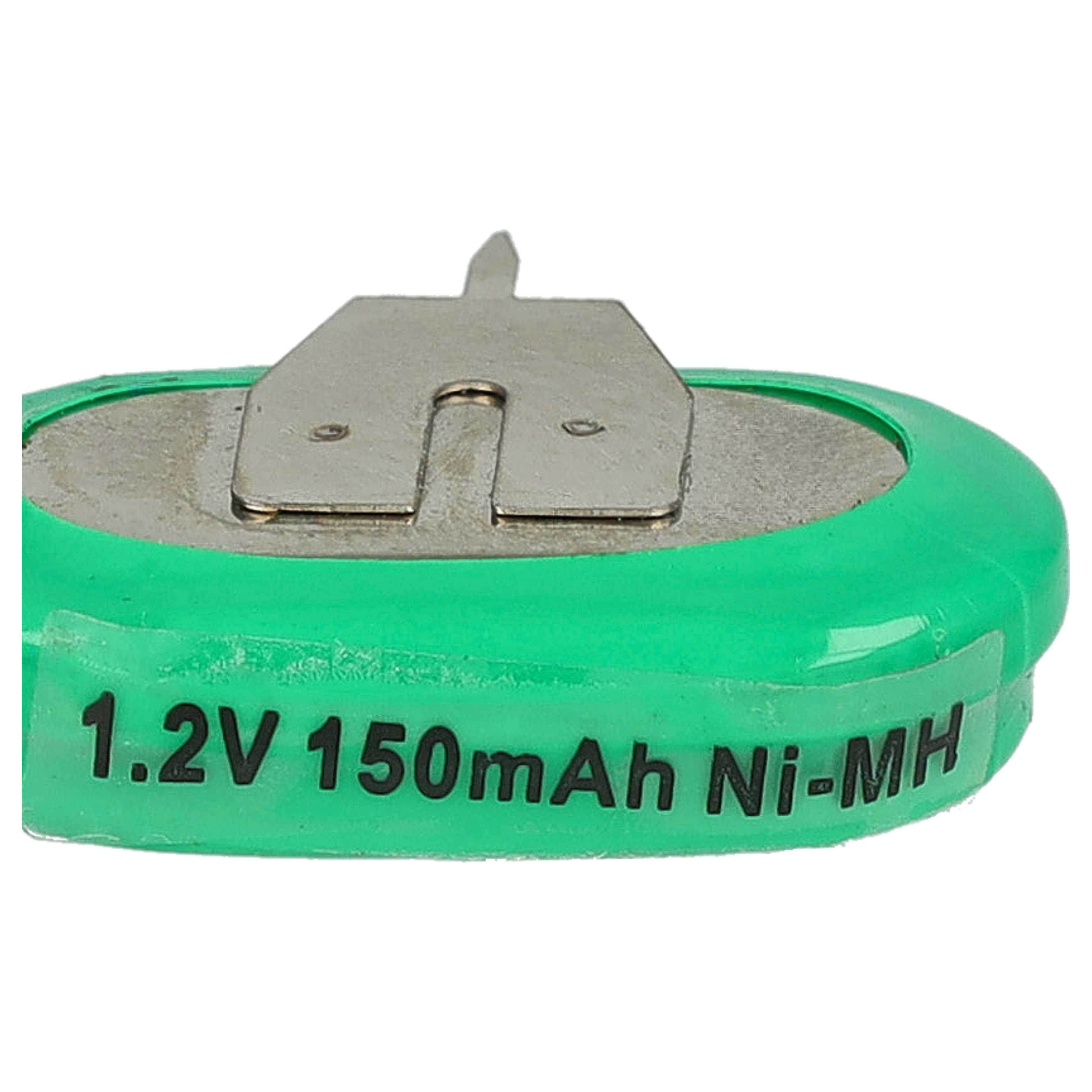 Eine grüne Batterie mit Metalllasche. Sie hat einen grünen Rand mit 1,2 V 150 mAh Ni-MH Text.